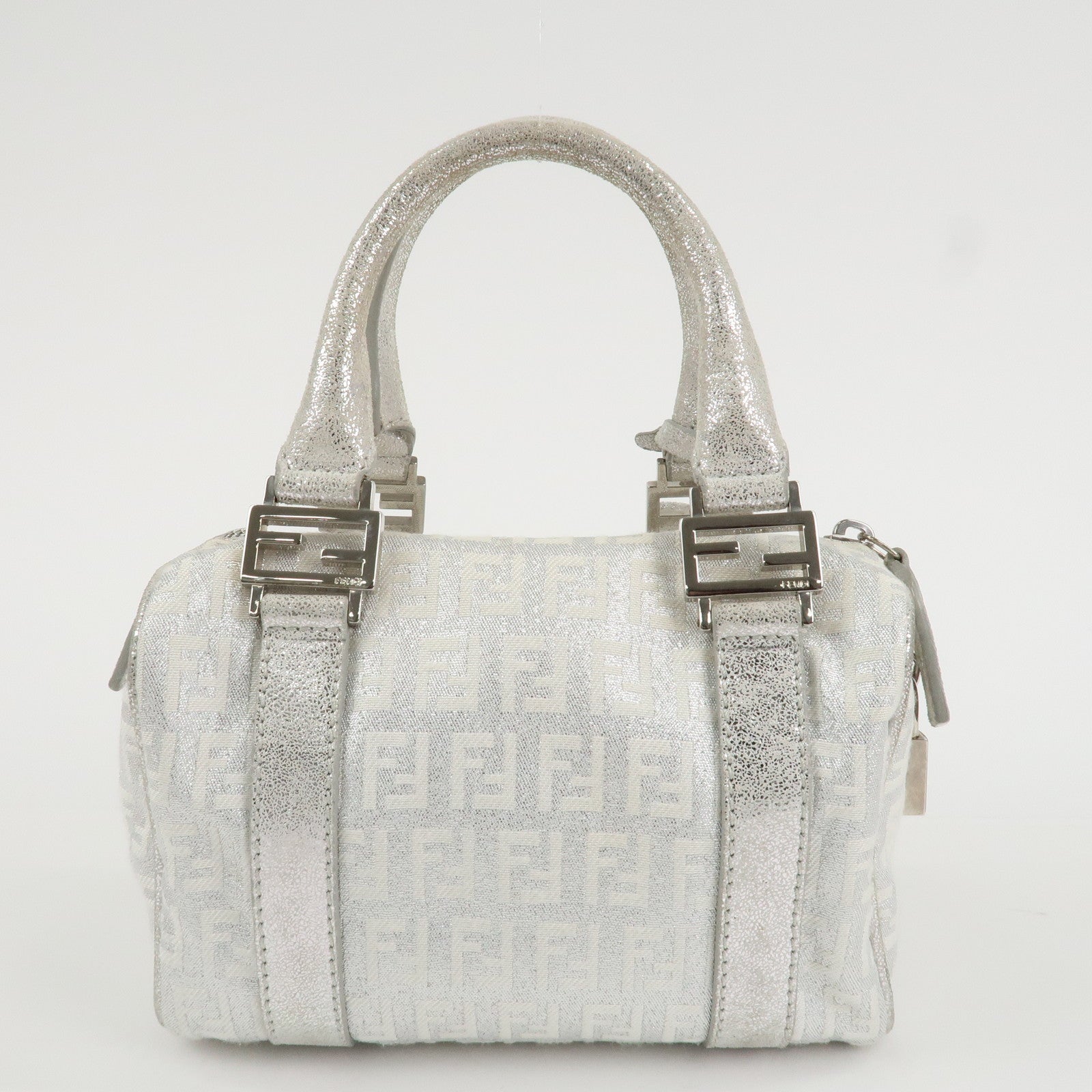 FENDI Zucchino Canvas Leather Mini Boston Bag Silver White 8BL071