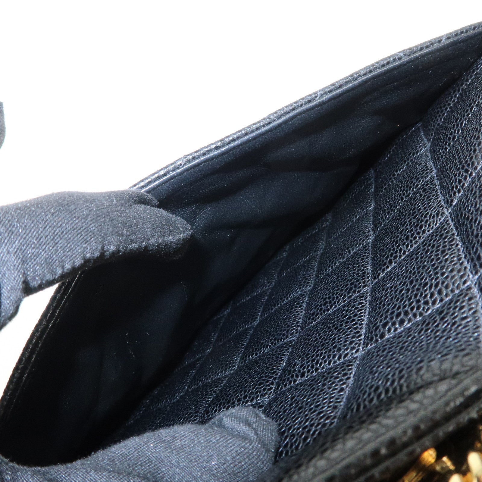 CHANEL Matelasse Caviarskin Medalion Tote Bag Hand Bag Black A01804 Used