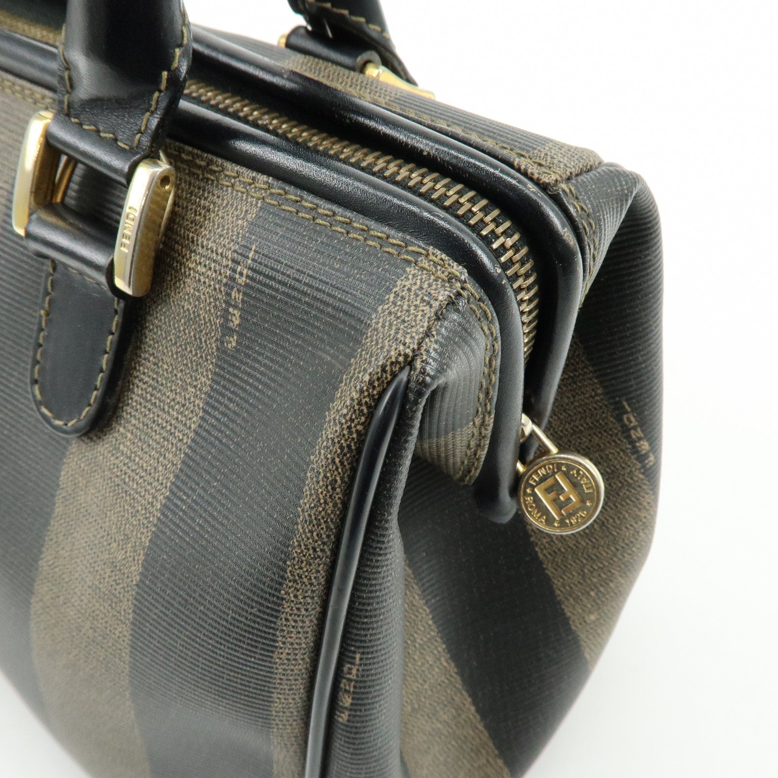 FENDI Pequin PVC Leather Boston Bag Hand Bag Black Brown