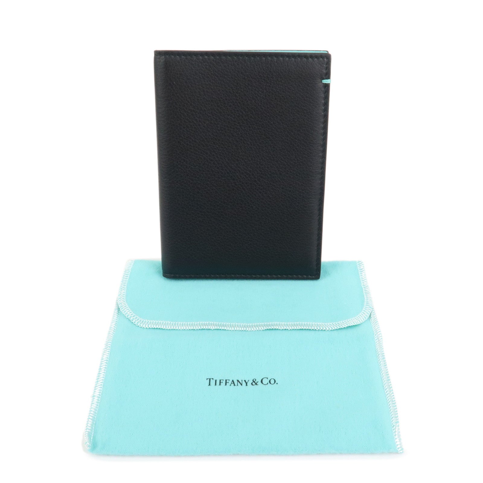 Tiffany & Co. Logo Leather Passport Case Black Tiffany Blue