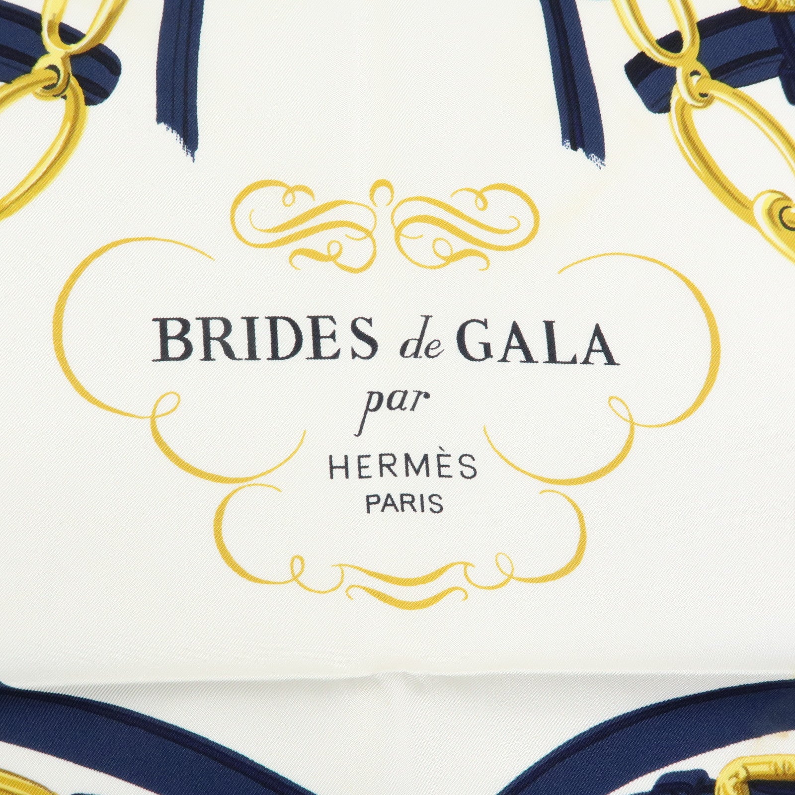 HERMES Carre 90 Silk 100% Scarf BRIDES DE GALA Navy Gold