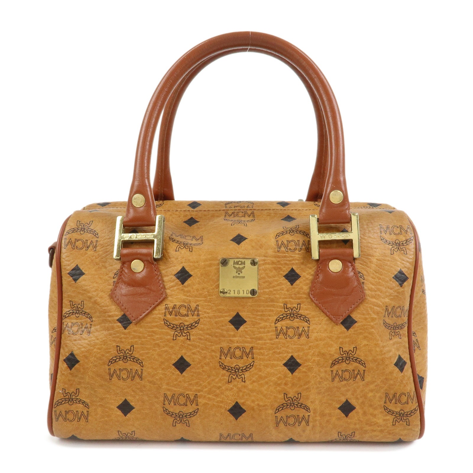 MCM Visetos Leather Boston Bag Hand Bag Brown