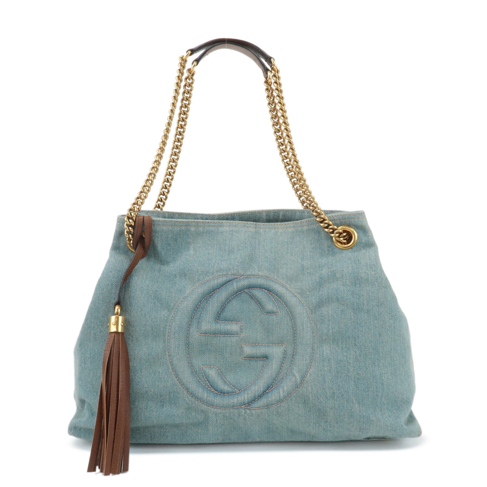 GUCCI SOHO Denim Leather Chain Shoulder Bag Fringe Charm Blue 308982 Used