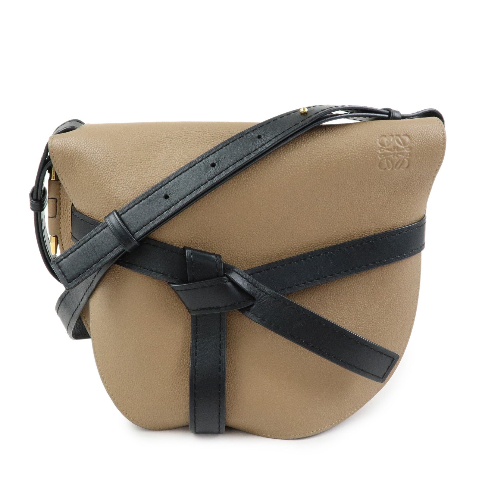 LOEWE Calf Leather Shoulder Bag Gate Bag Medium Beige Black