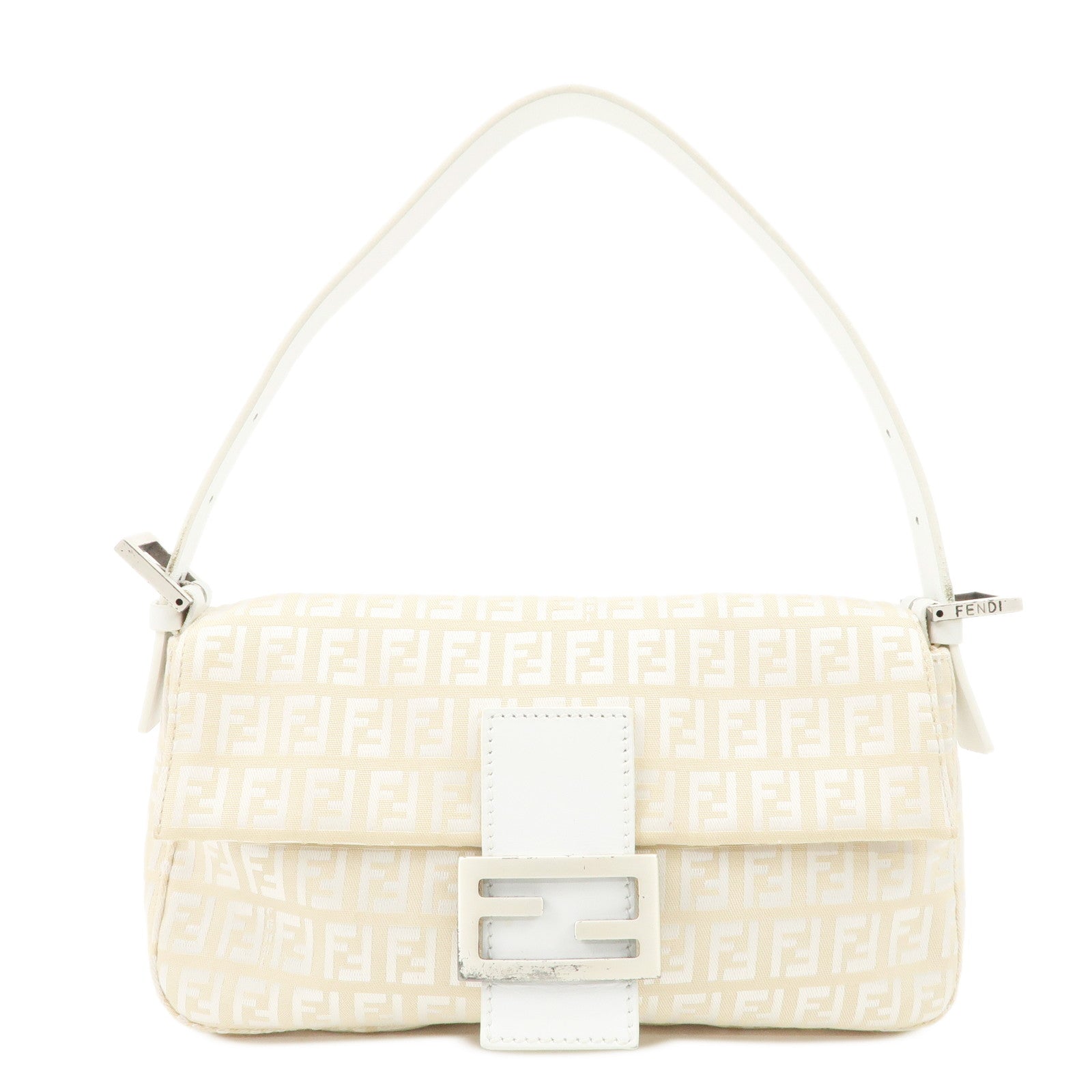 FENDI Mamma Baguette Zucchino Leather Shoulder Bag White 8BR000