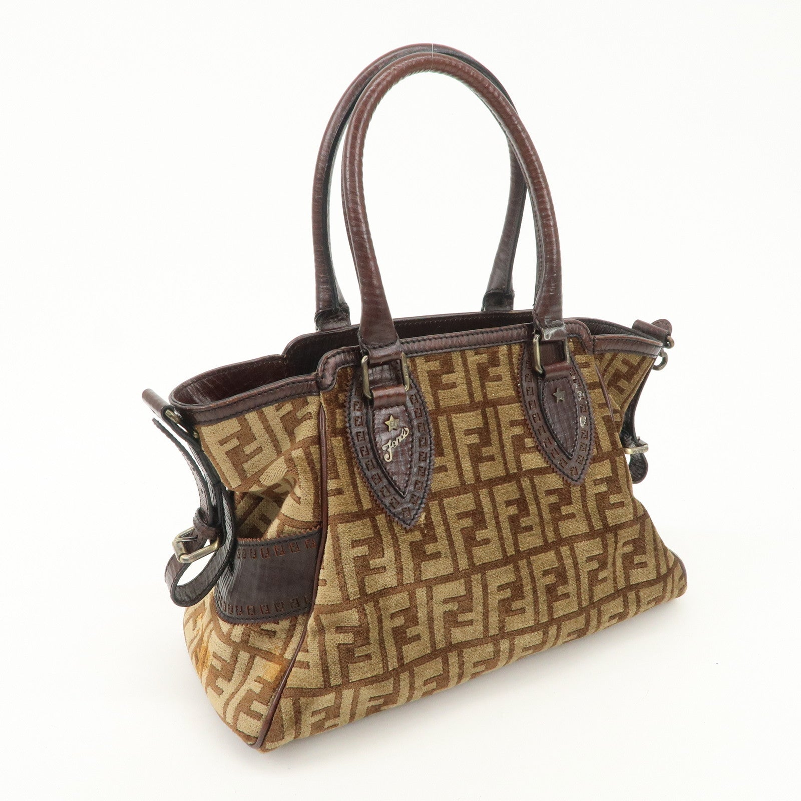 FENDI Suede Leather Ethnico Tote Bag Shoulder Bag Brown 8BN157