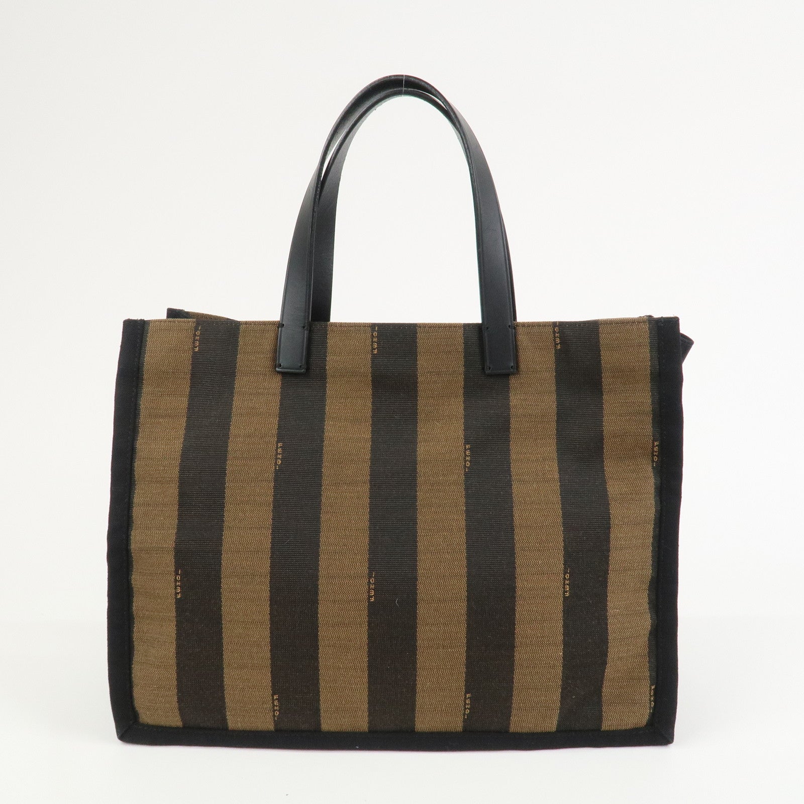FENDI Pequin Canvas Leather Tote Bag Hand Bag Black Brown 8BH252