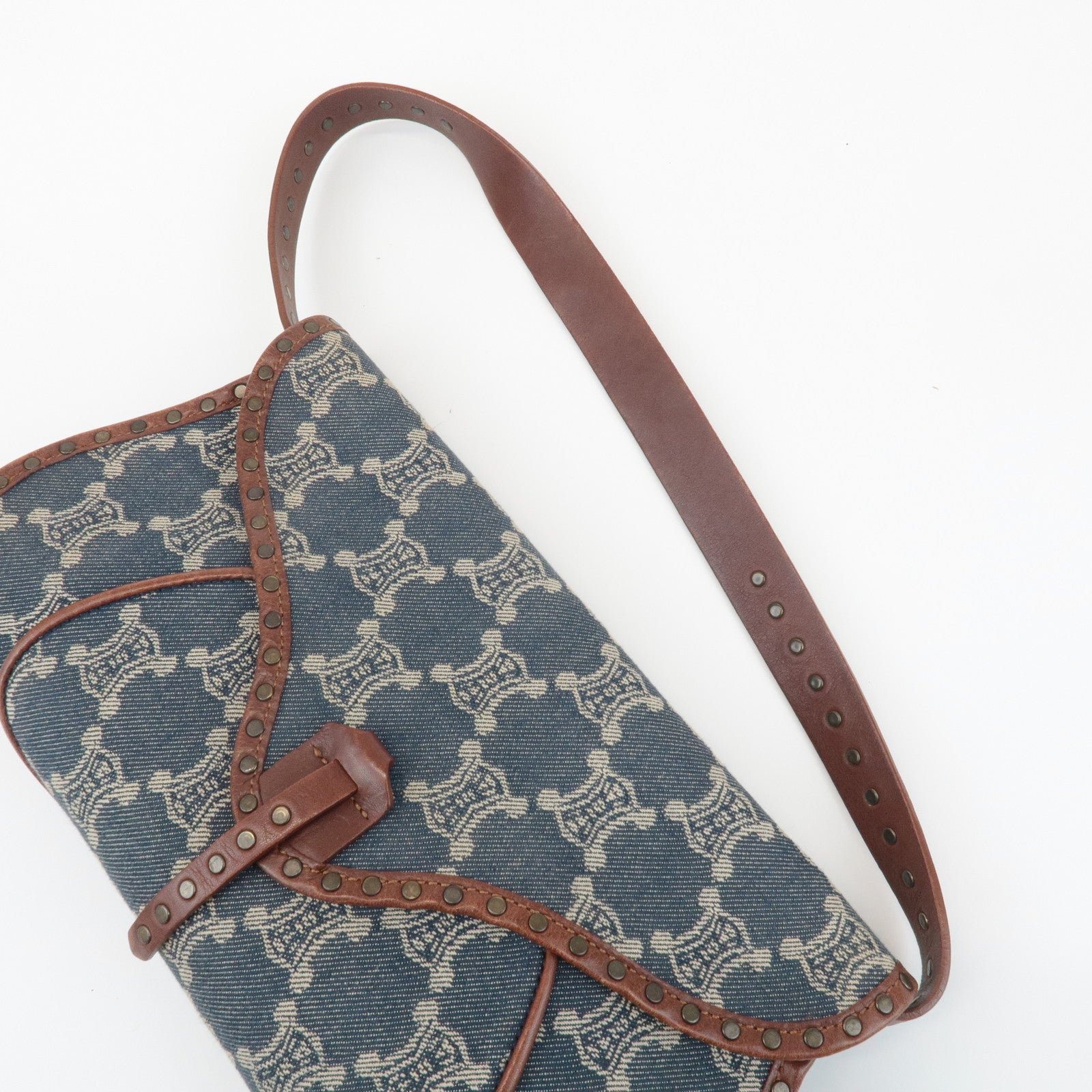 CELINE Macadam Denim Canvas Leather Shoulder Bag Blue Brown Used