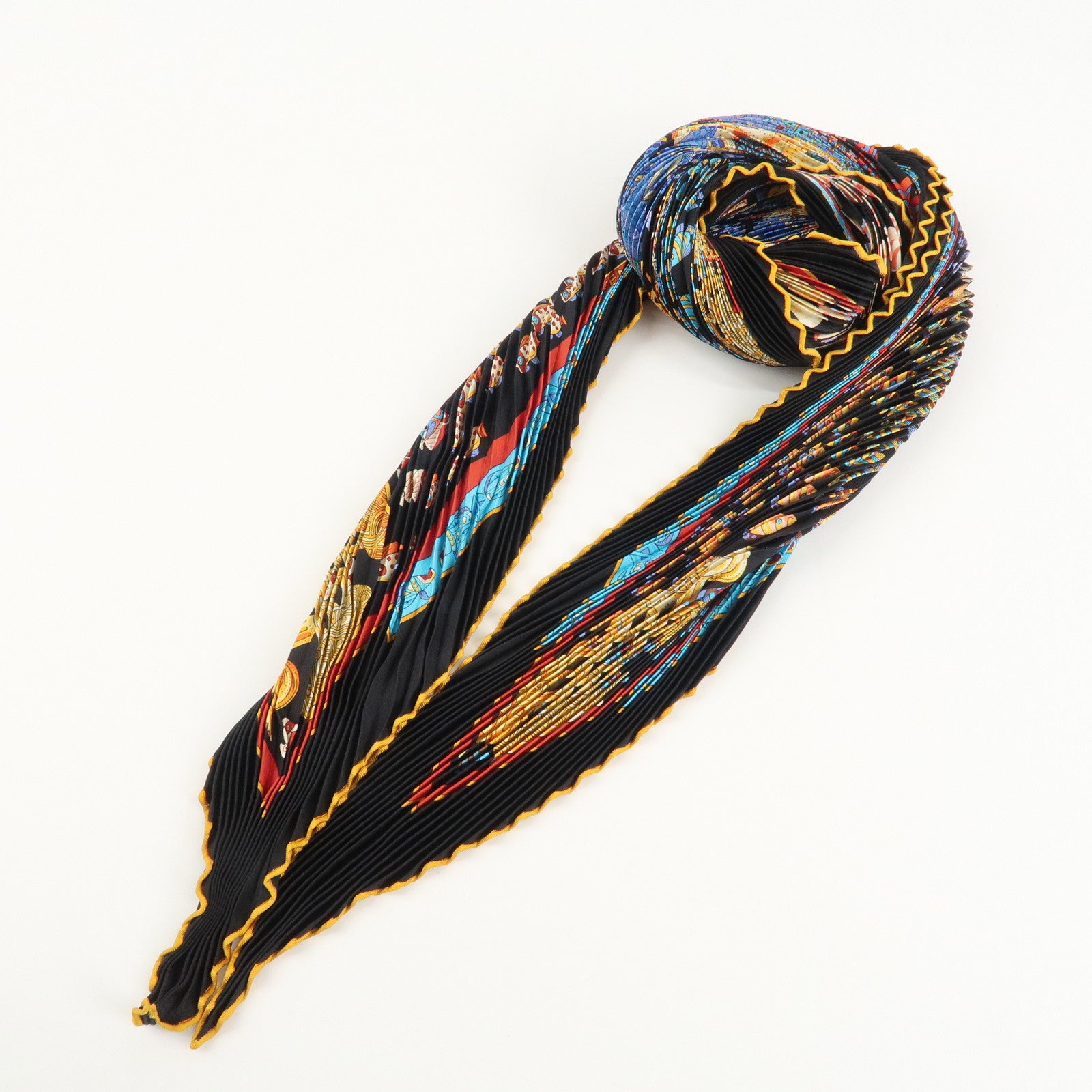 HERMES 100% Silk Pleats Carre Scarf ASTRES et SOLEILS Blue Multi Color Used