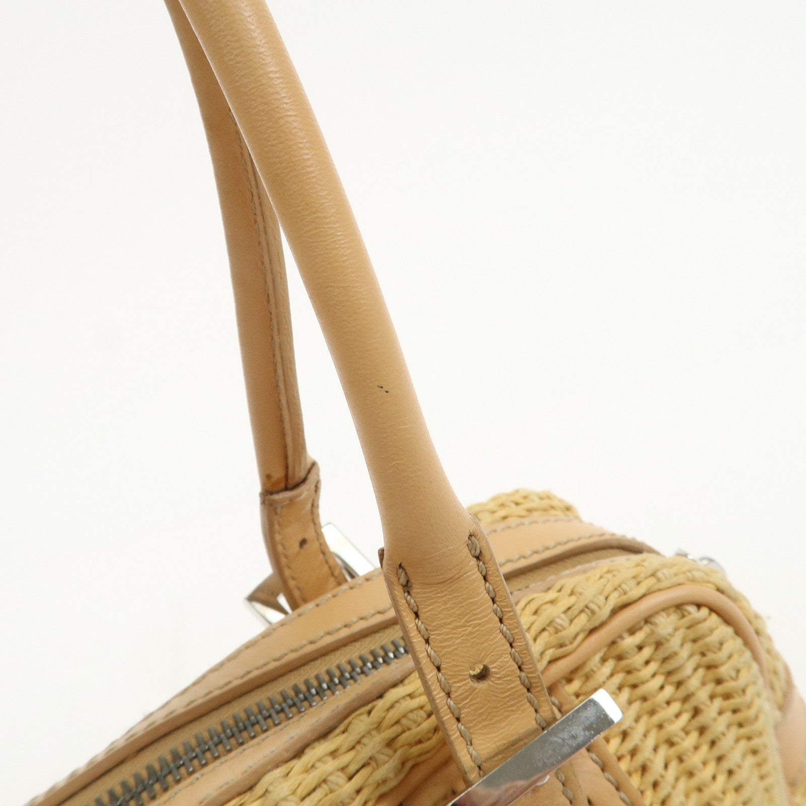 FENDI Raffia Leather Small Boston Hand Shoulder Bag Natural 8BN004