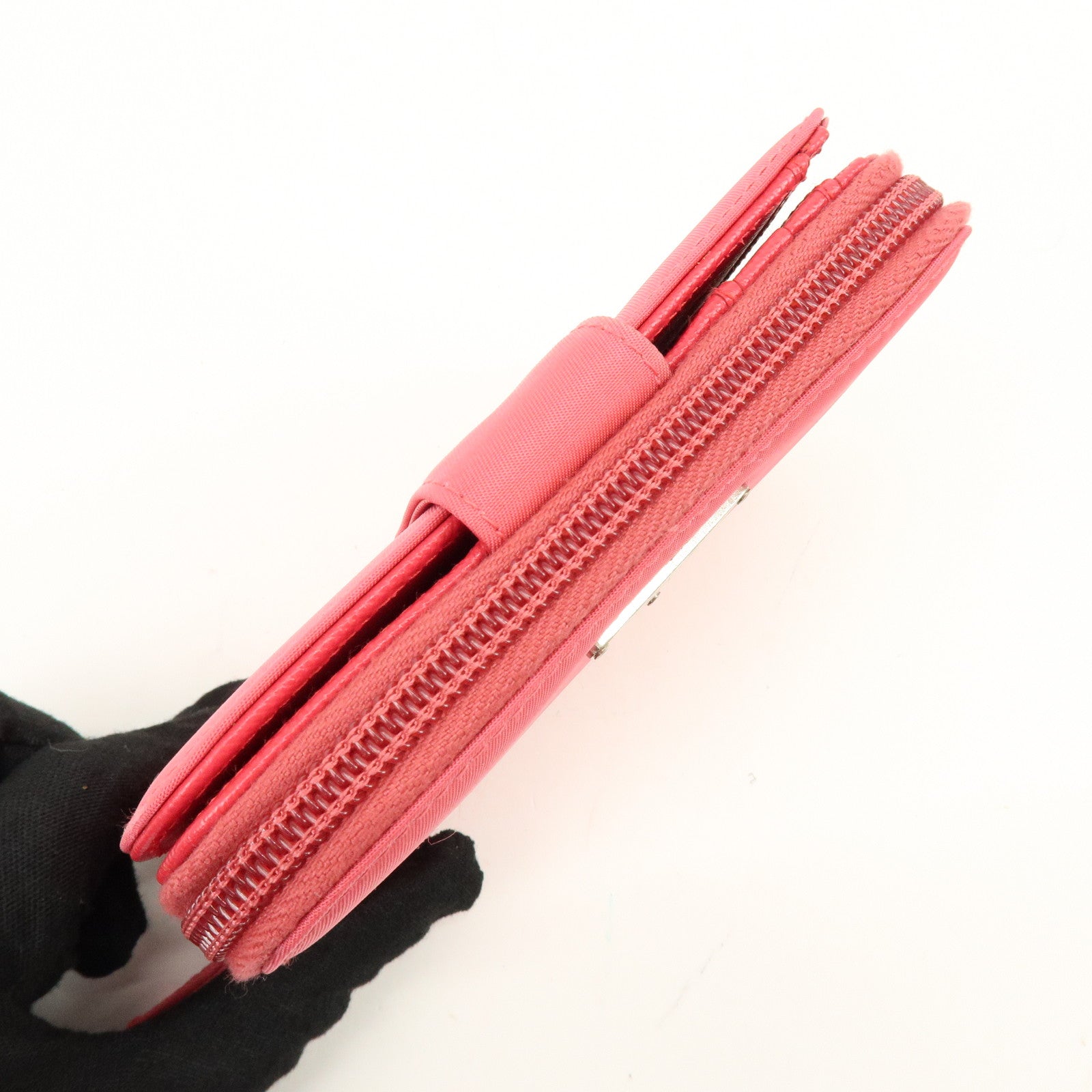 PRADA Triangle Logo Nylon Leather Round Zippy Compact Wallet Pink