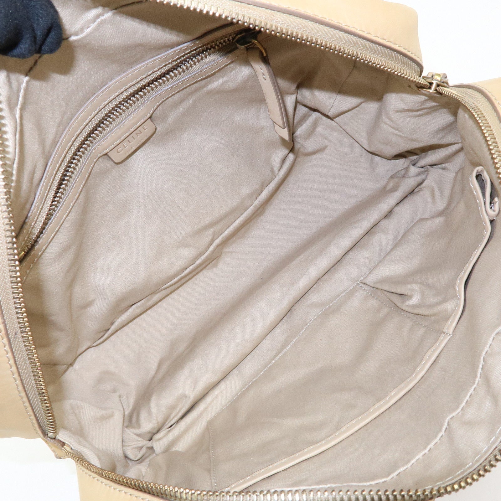 CELINE Leather Hand Bag Bowling Bag Beige Studs