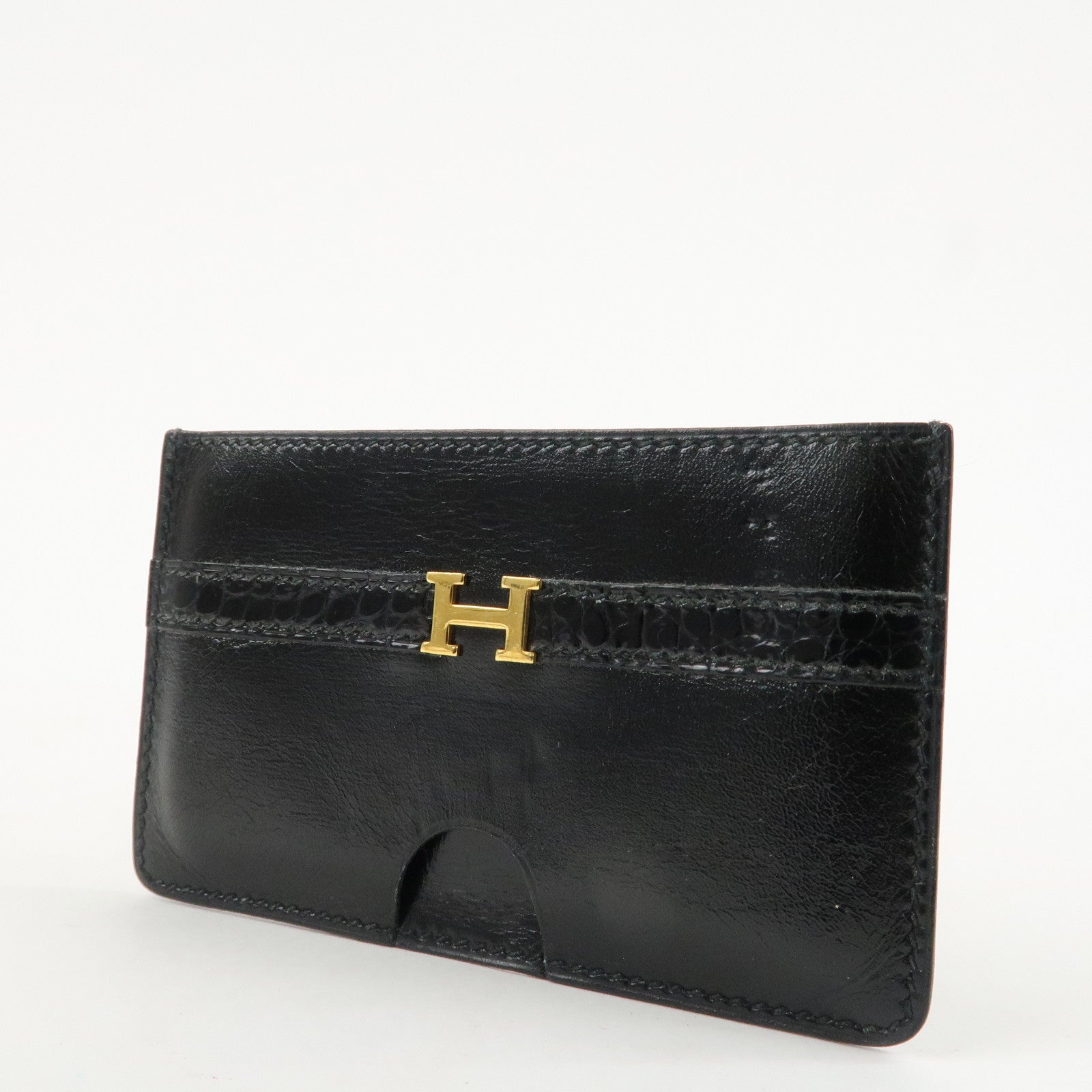 HERMES Leather □T Stamped Card Case Balck Gold Used