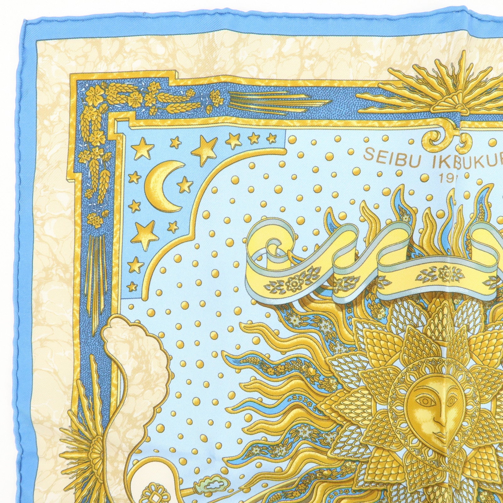 HERMES Petit Carre 40 Silk 100% GLORIA SOL Mini Scarf Beige Blue