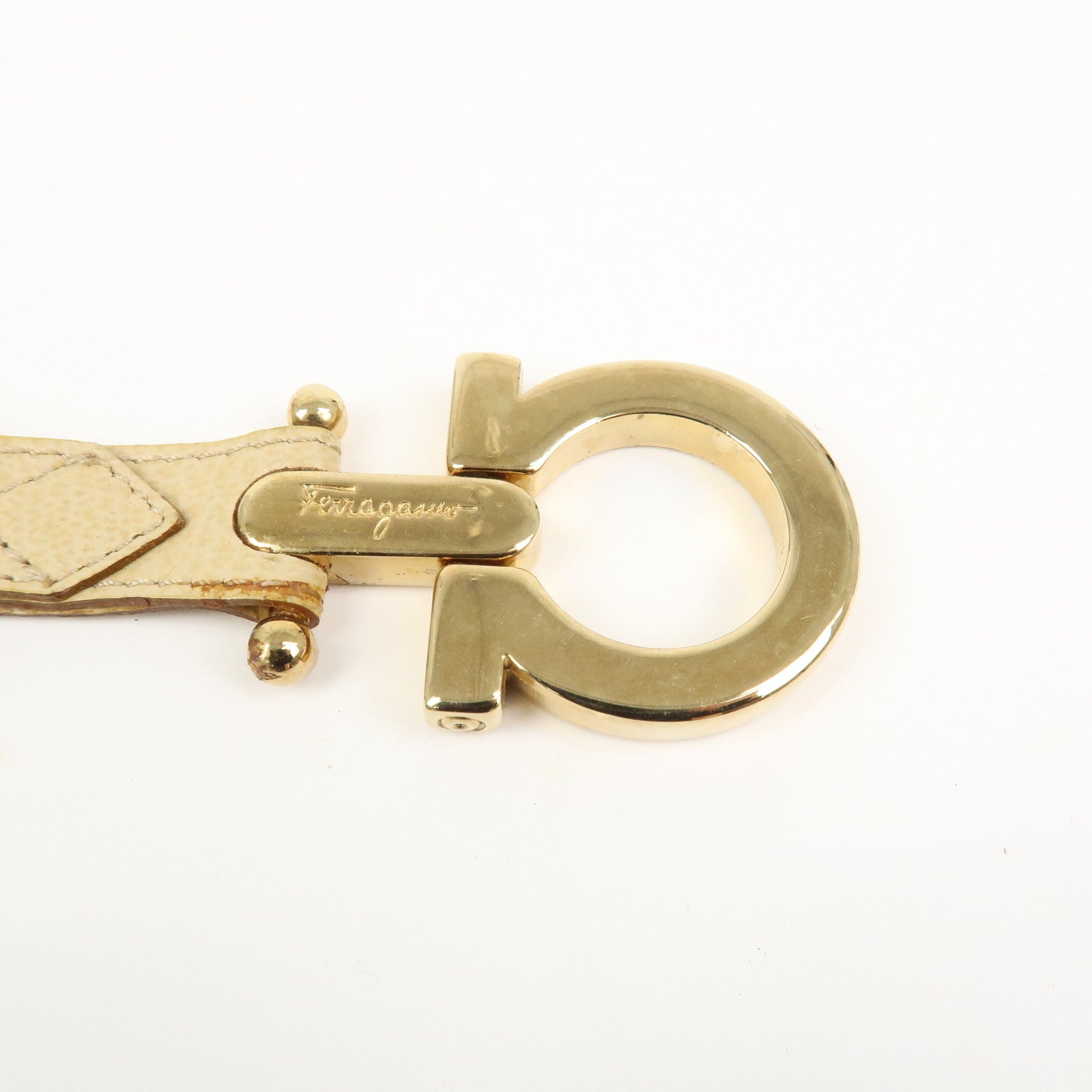 FERRAGAMO Logo Leather Metal Bag Charm Key Charm Beige Gold