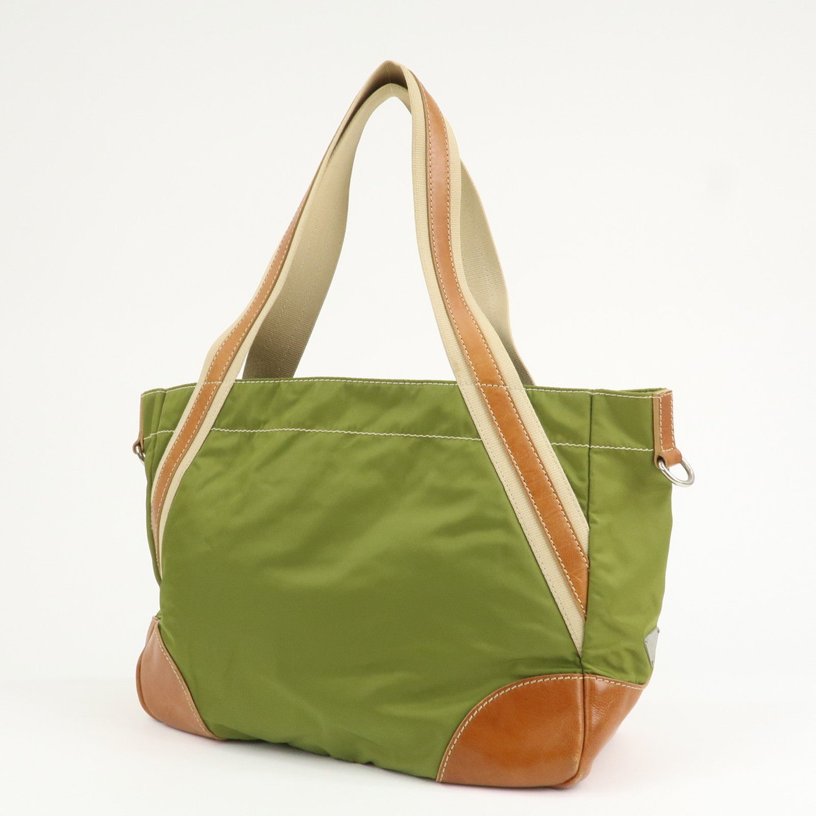 PRADA Triangle Logo Leather Nylon 2Way Tote Bag Brown Khaki