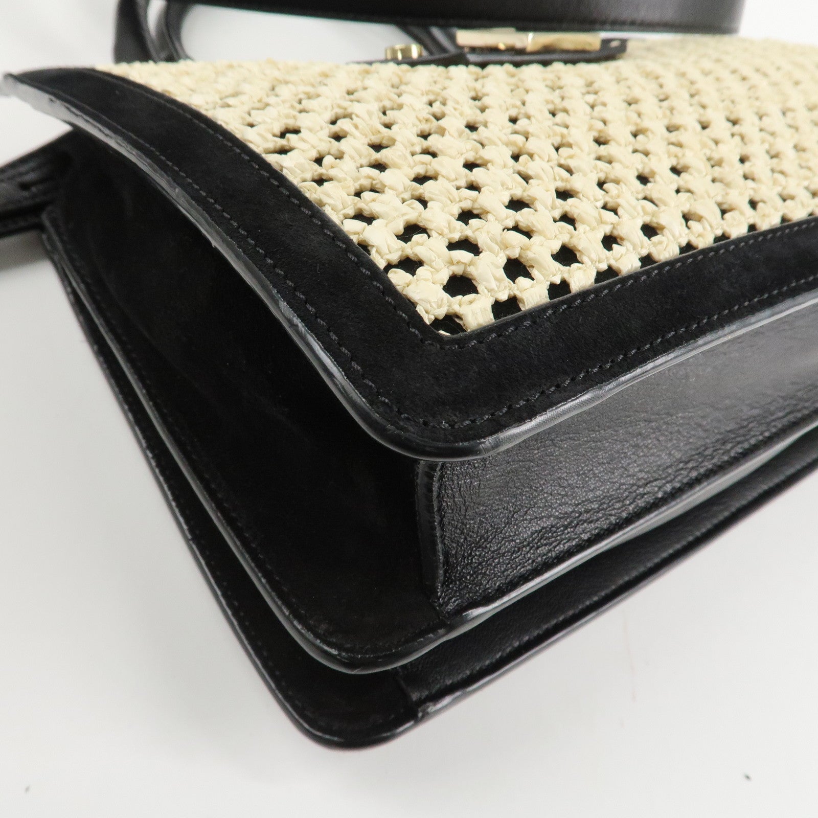 JIMMY CHOO Leather Suede Straw 2WAY Hand Bag Shoulder Bag Black Used