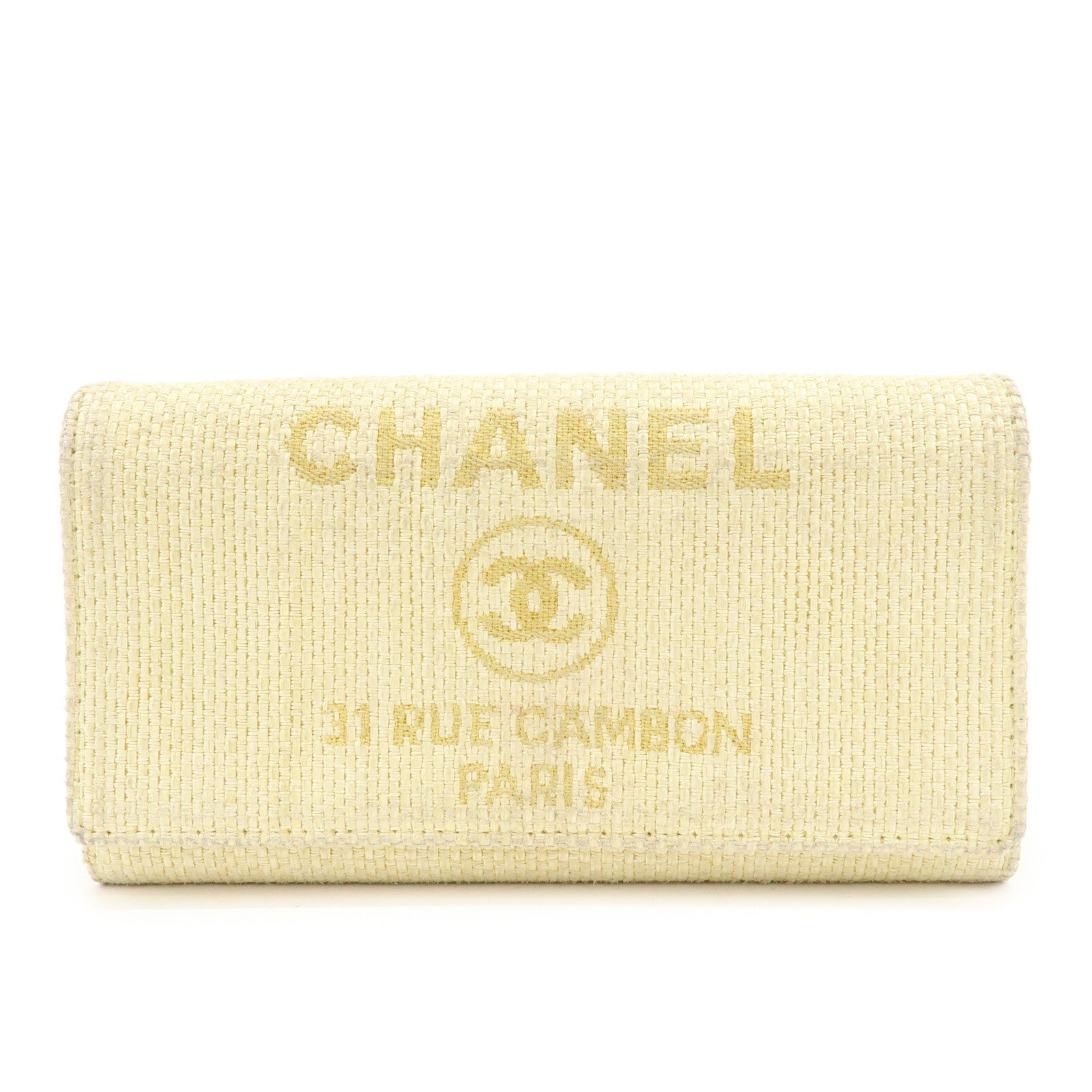 CHANEL Deauville COCO Mark Raffia Leather Long Wallet Yellow