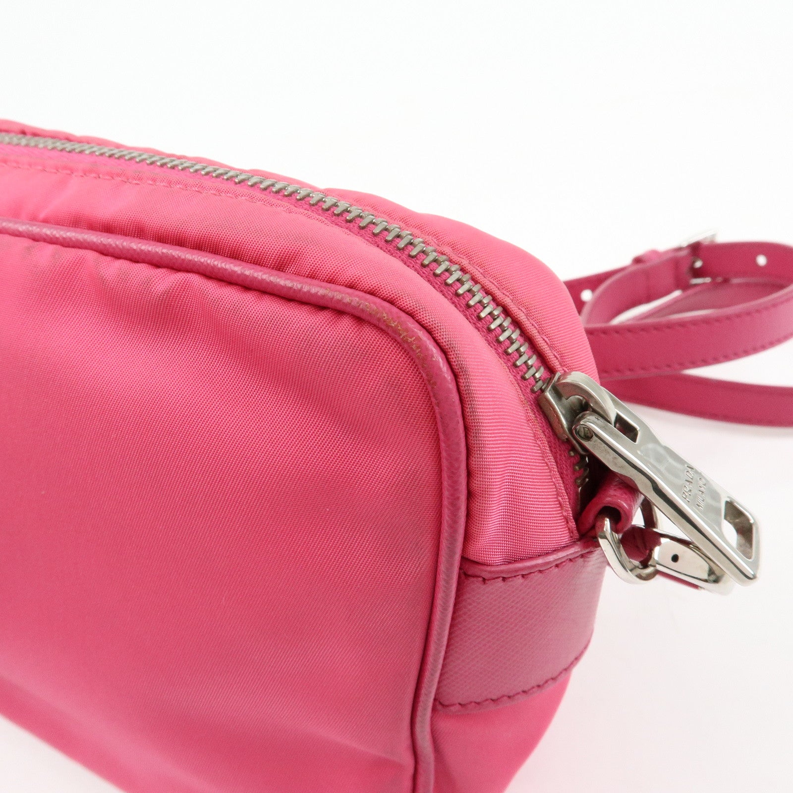 PRADA Triangle Logo Nylon Leather Shoulder Bag Pink BT1010
