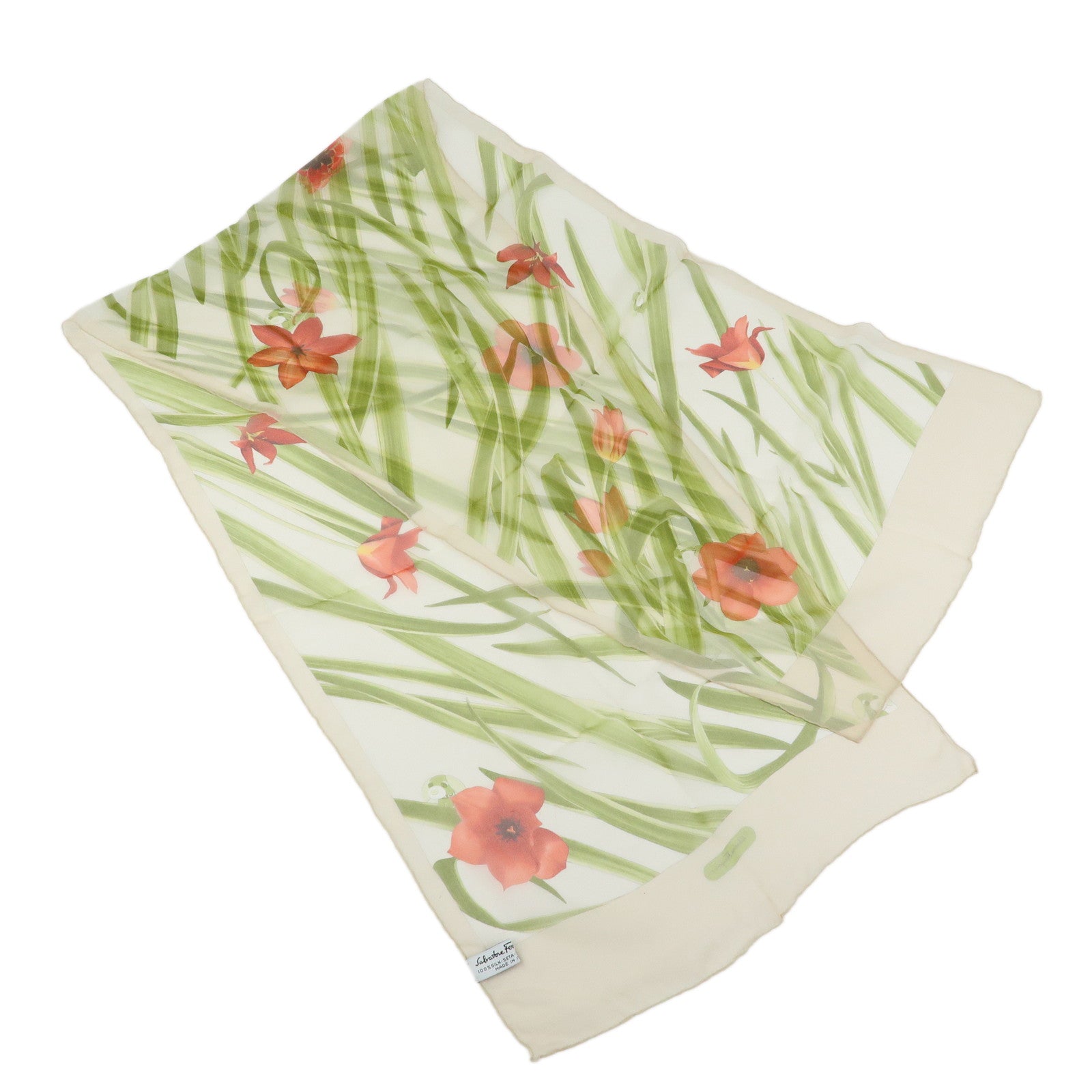 Ferragamo Silk 100% Scarf Flower Motif Ocha-Ken Beige Green Red