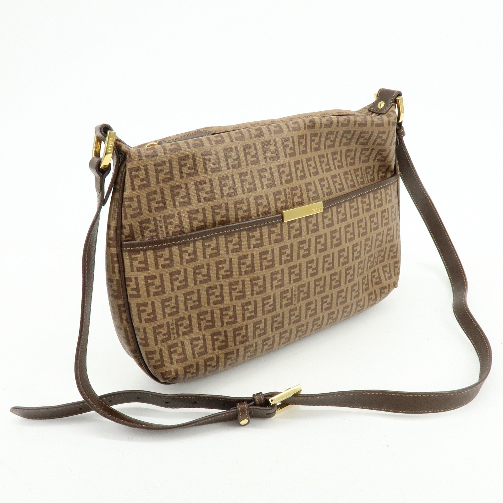 FENDI Zucchino PVC Leather Shoulder Bag Crossbody Bag Brown 8BT206