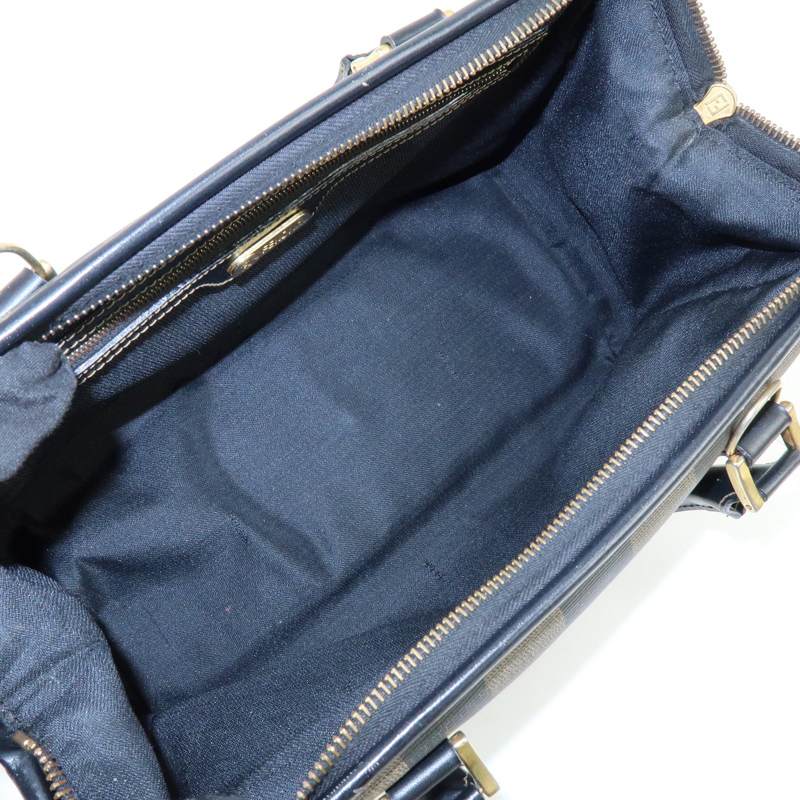 FENDI Pequin PVC Leather Boston Bag Hand Bag Black Brown