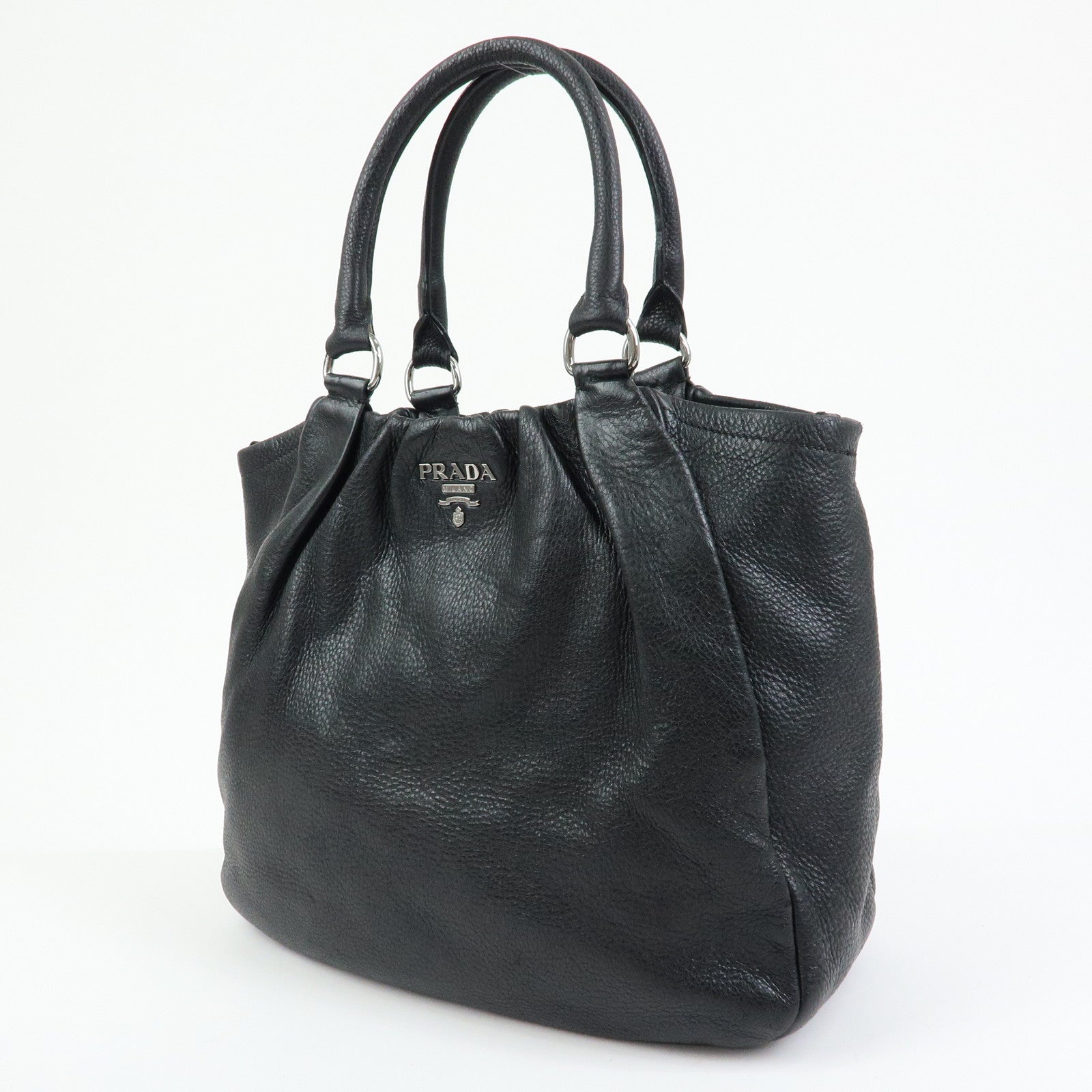 PRADA Logo Leather Tote Bag Shoulder Bag Hand Bag Black