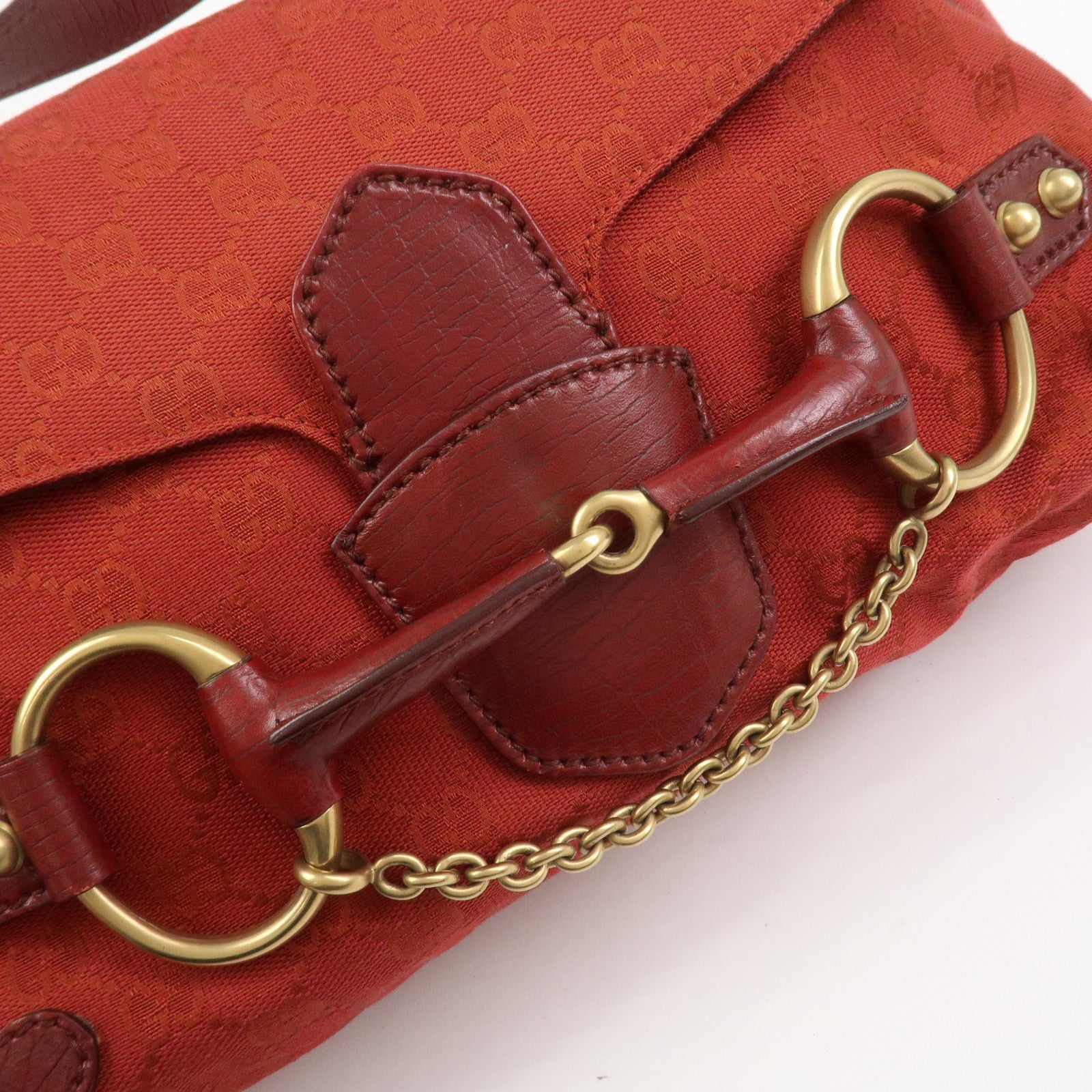 GUCCI Horsebit GG Monogram Canvas Leather Hand Bag Red