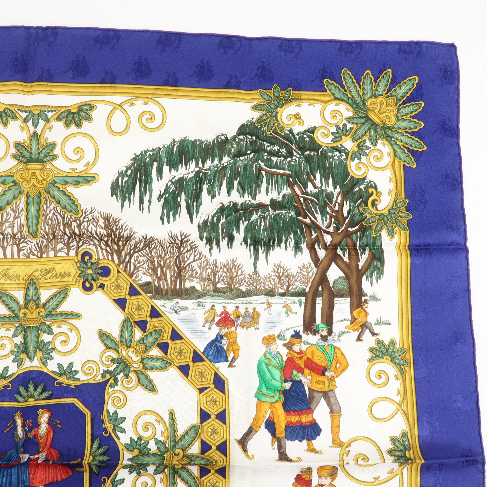 HERMES Carre 90 Silk 100% Scarf Joies d’Hiver Blue White Gold
