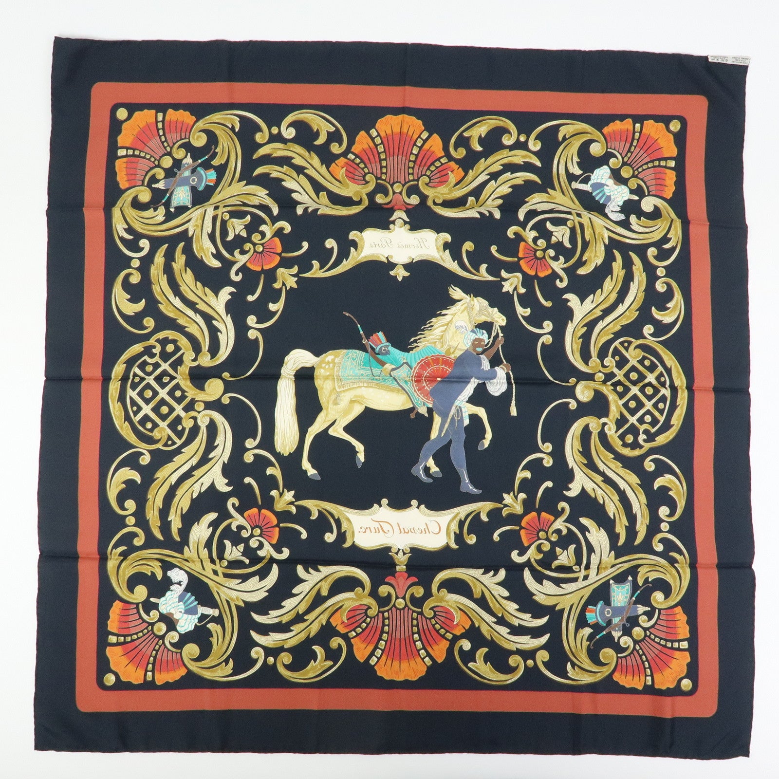 HERMES Carre 90 Silk 100% Scarf Cheval Jurc Blaqck Brown Red