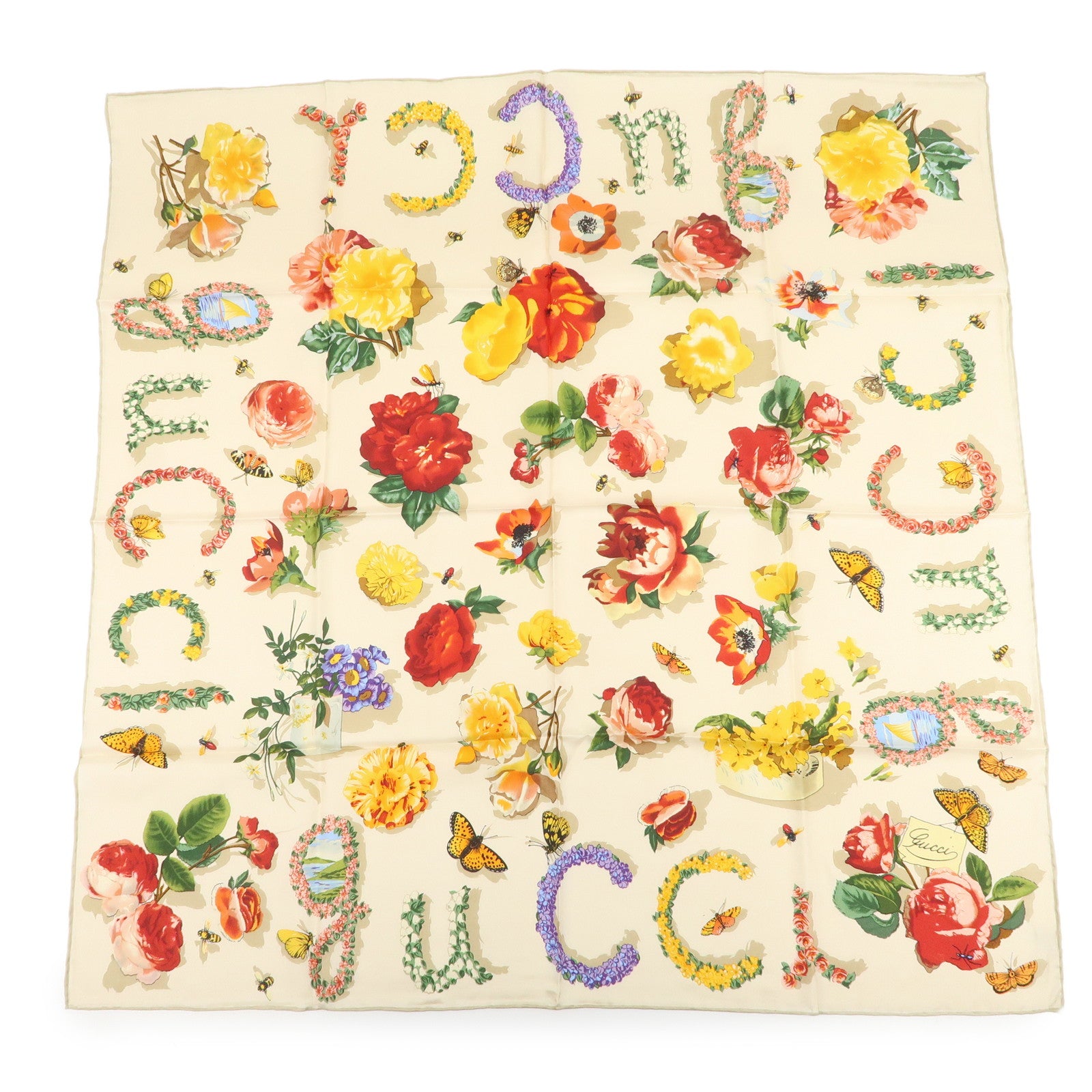 GUCCI Silk 100% Botanical Scarf Beige Multicolor