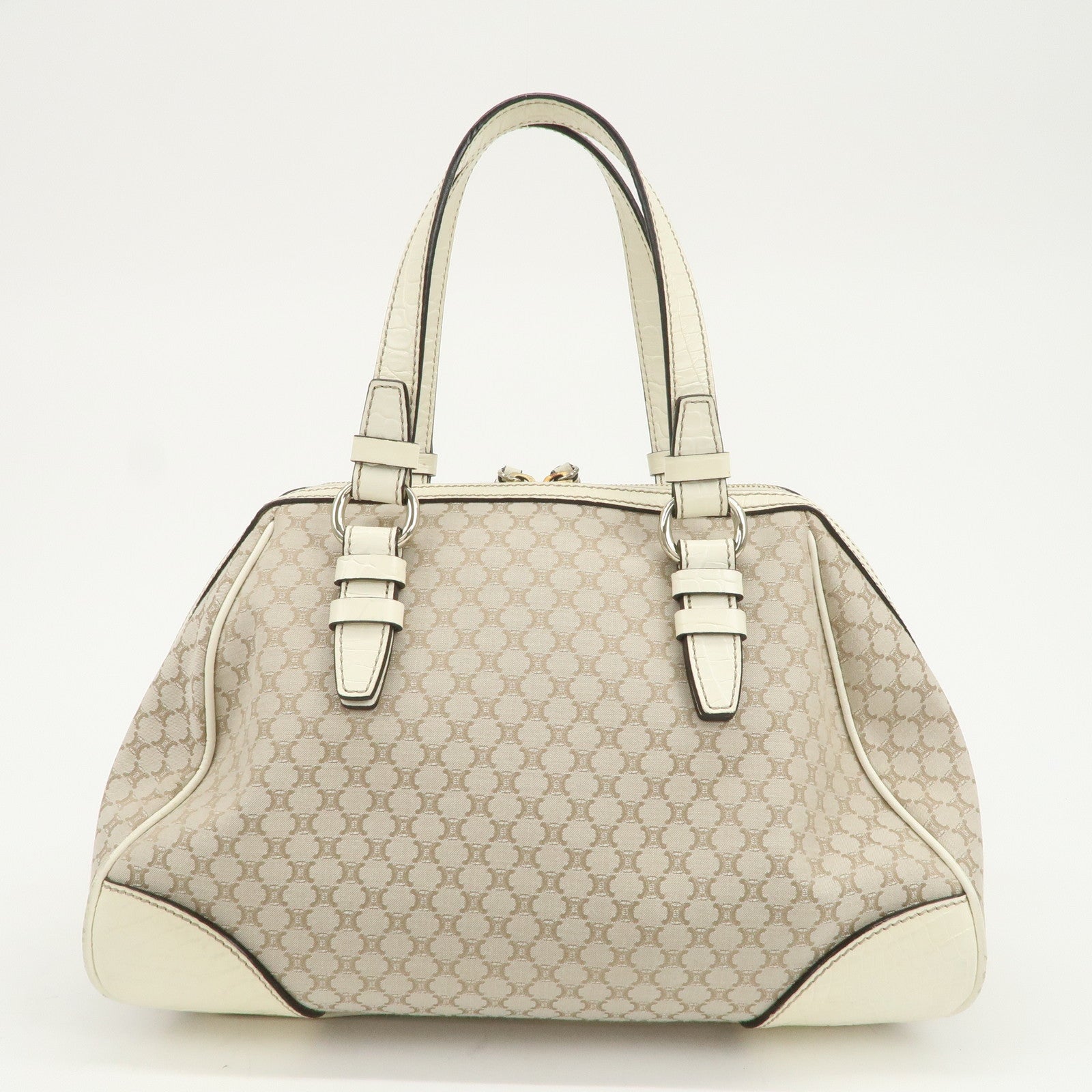 CELINE Macadam Canvas Leather Boston Bag Hand Bag Beige Ivory