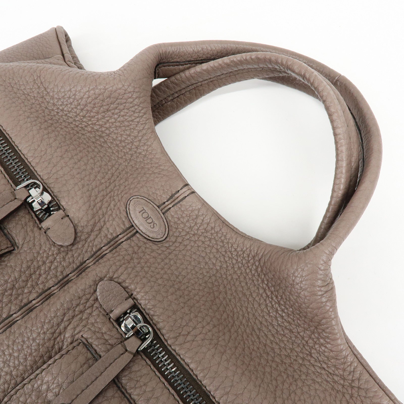 TOD'S Logo Leather Tote Bag Hand Bag Shoulder Bag Greige