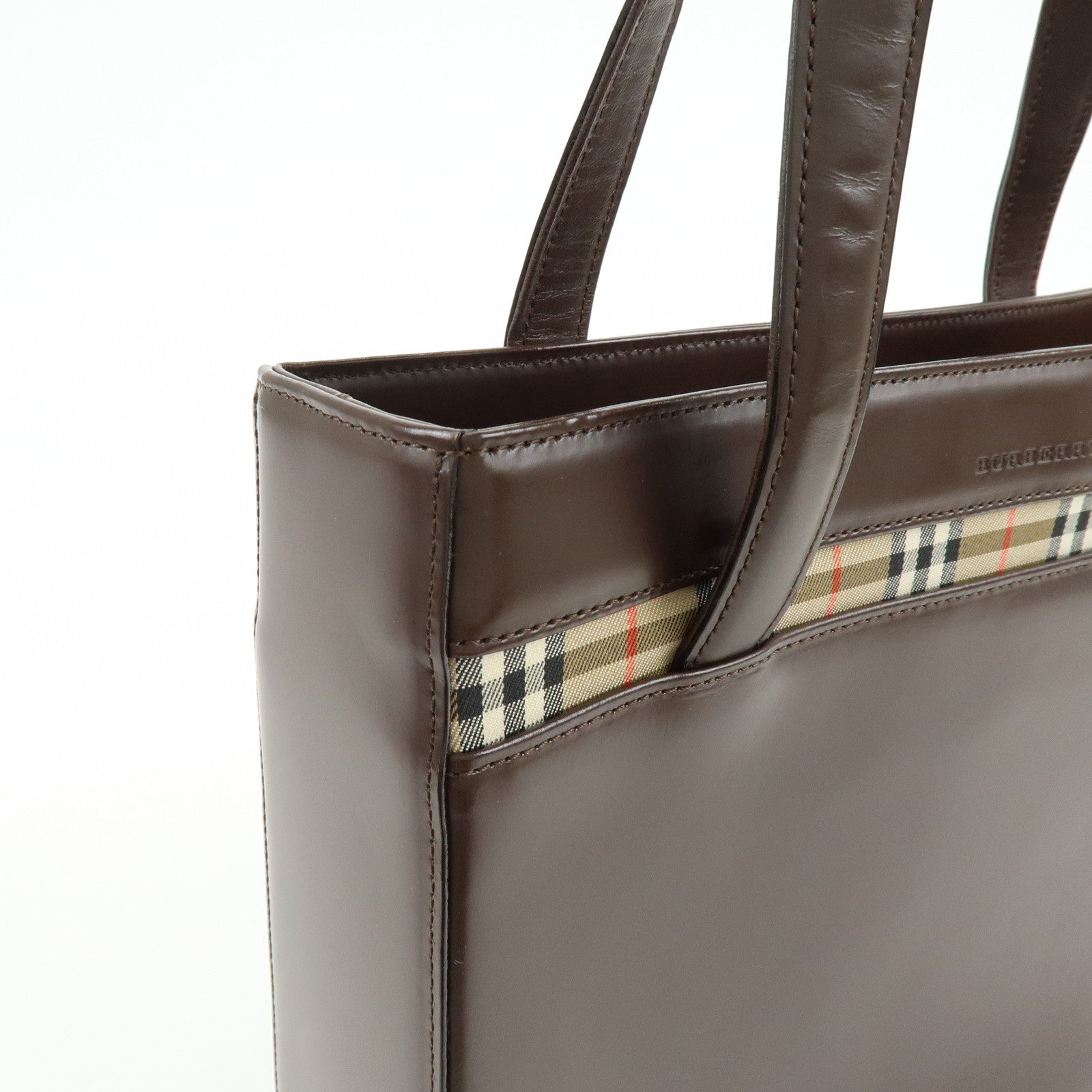 BURBERRY Nova Plaid Leather Hand Bag Tote Bag Brown