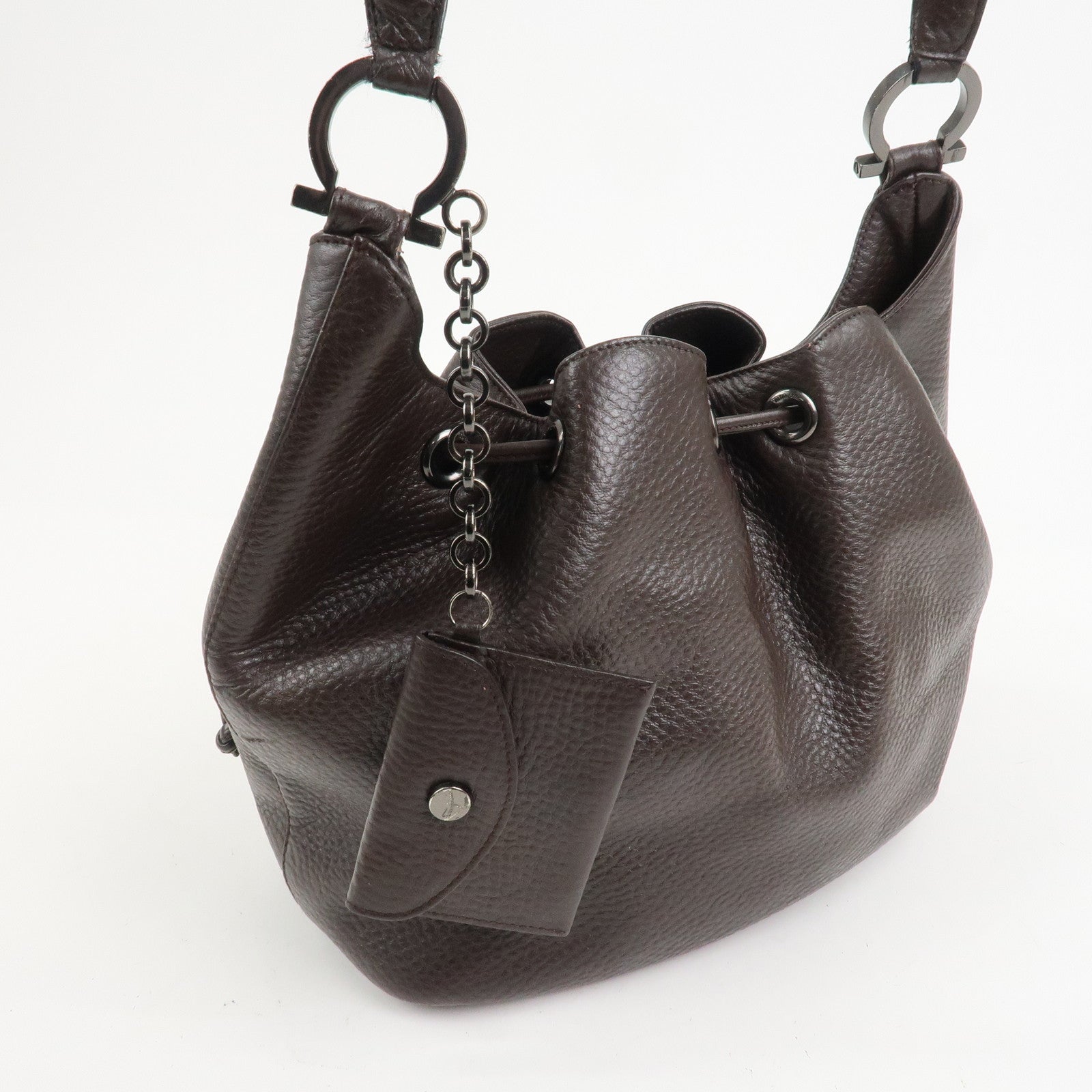 Ferragamo Gancini Leather Shoulder Bag Hand Bag Brown