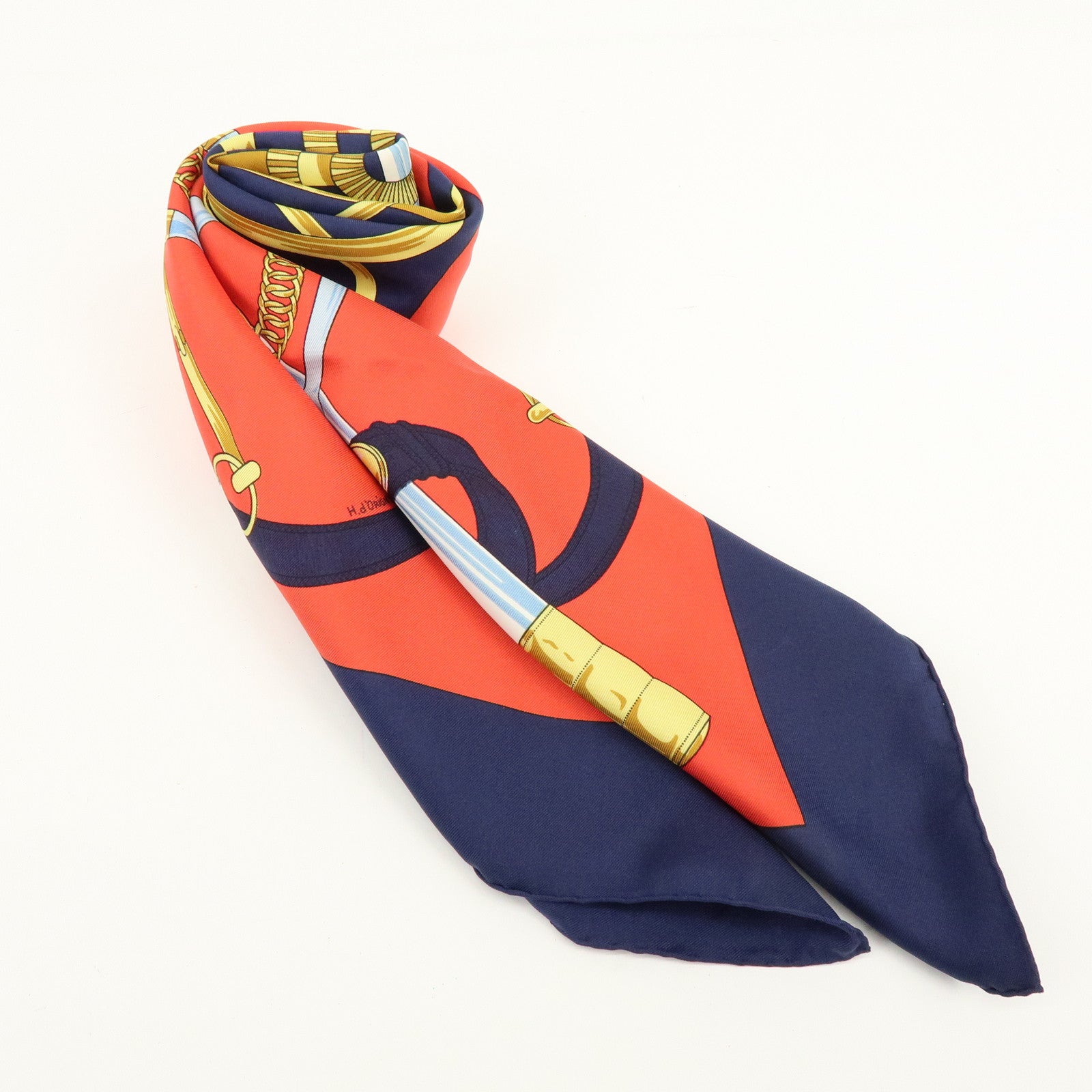 HERMES Carre 90 Silk 100% Eperon d'or Scarf Navy Red