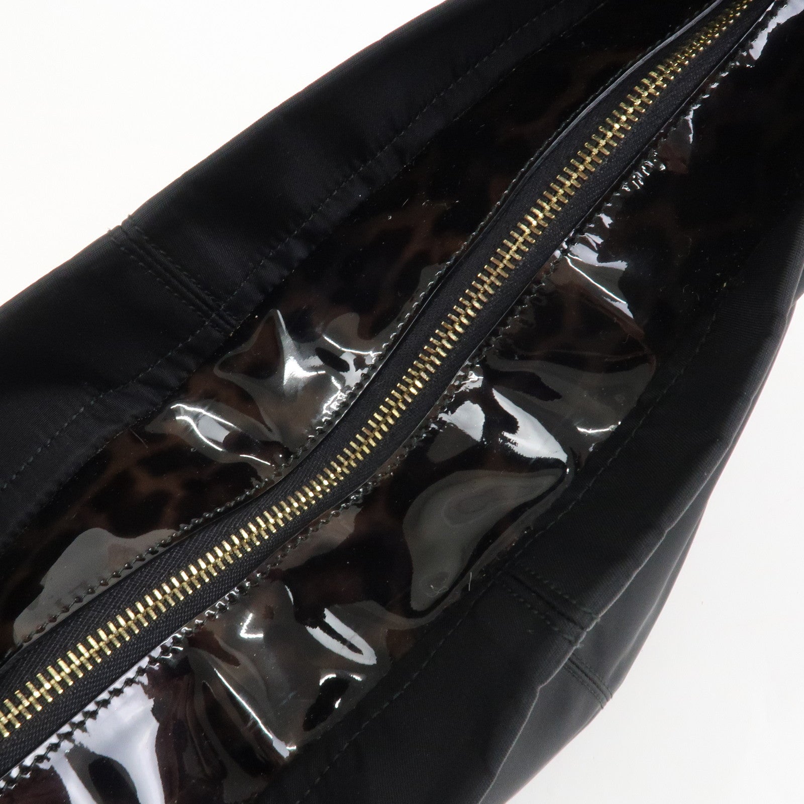 Ferragamo Nylon Patent Leather Shoulder Bag Hand Bag Leopard Black