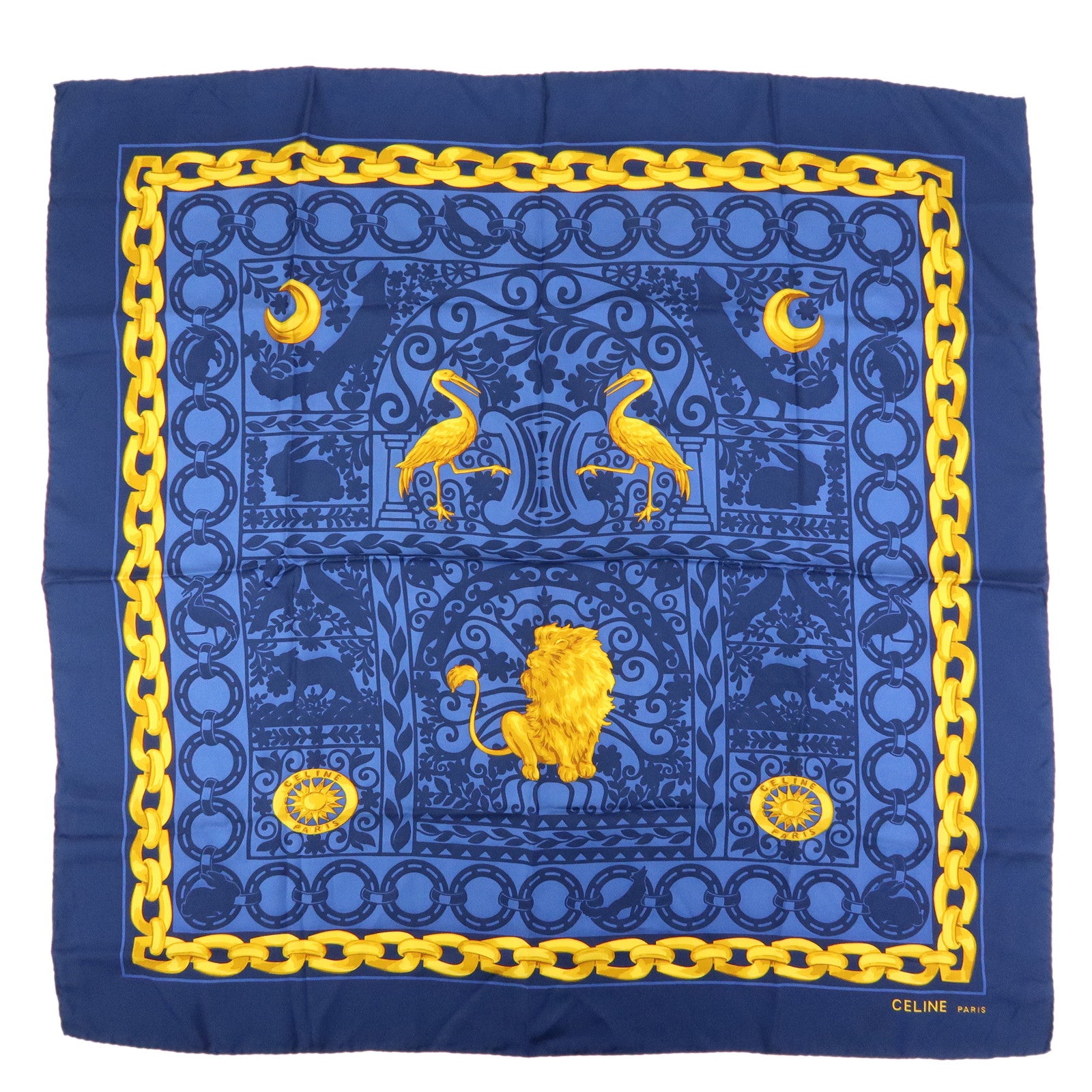 CELINE Silk 100% Scarf Lion Chain Motif Blue Yellow