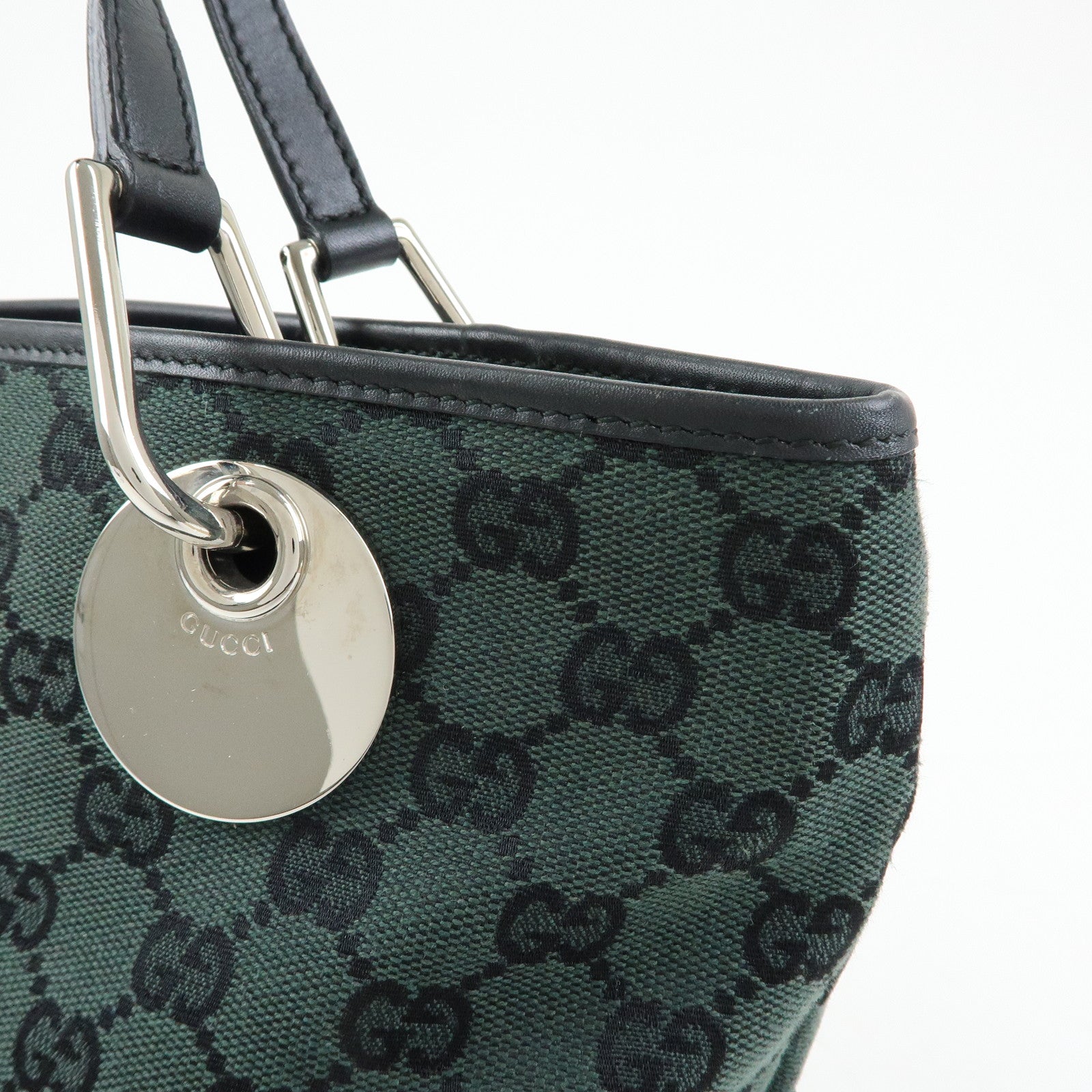 GUCCI GG Canvas Leather Tote Bag Hand Bag Green Black 285583