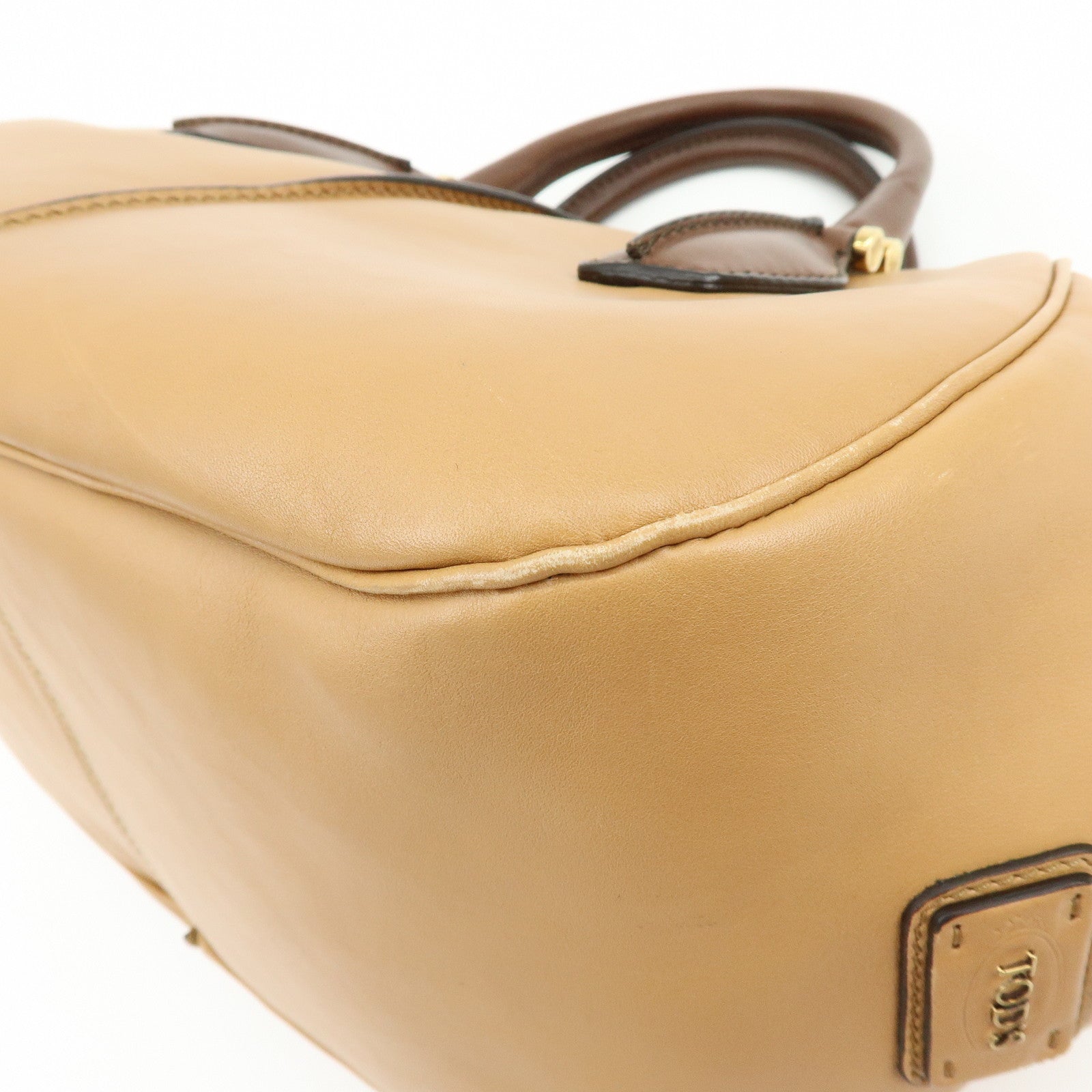 TOD'S Leather Calf Hair Bicolor Hand Bag Tote Bag Beige Brown