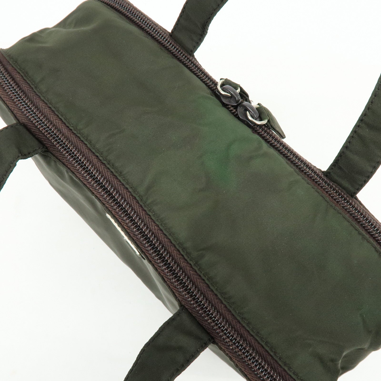 PRADA Triangle Logo Nylon Leather Hand Bag Cosmetic Case Khaki