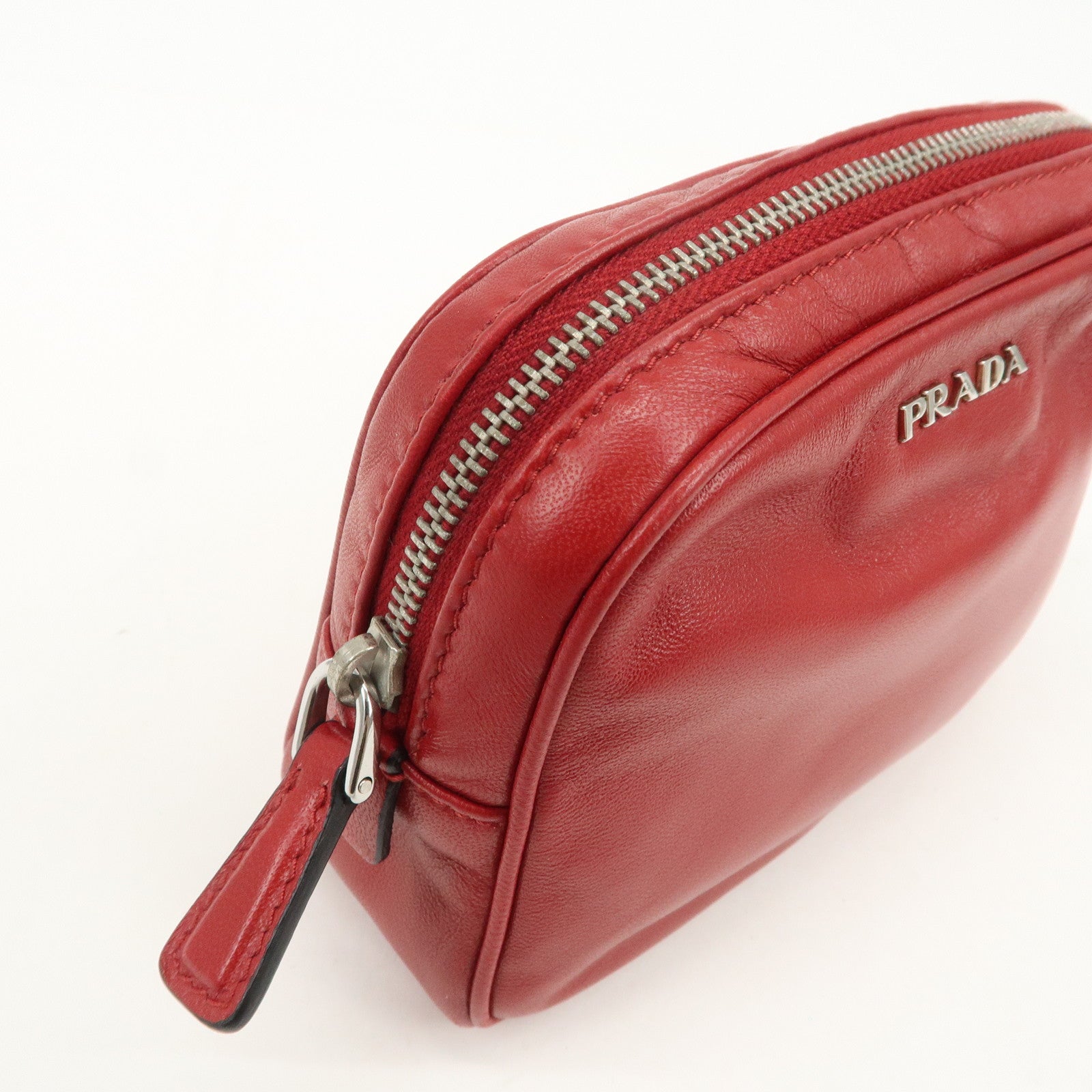PRADA Logo Leather MiniPouch Wristlet Bag Red
