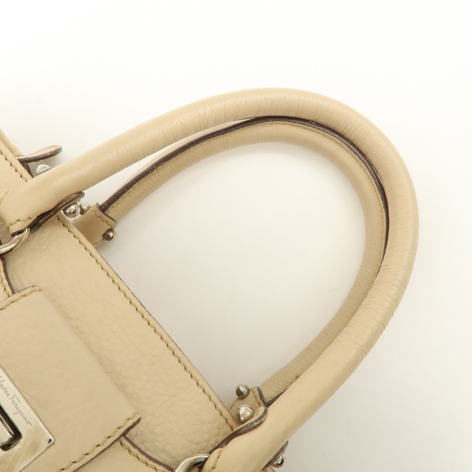 Ferragamo Gancini Leather 2Way Bag Hand Bag Shoulder Bag Beige