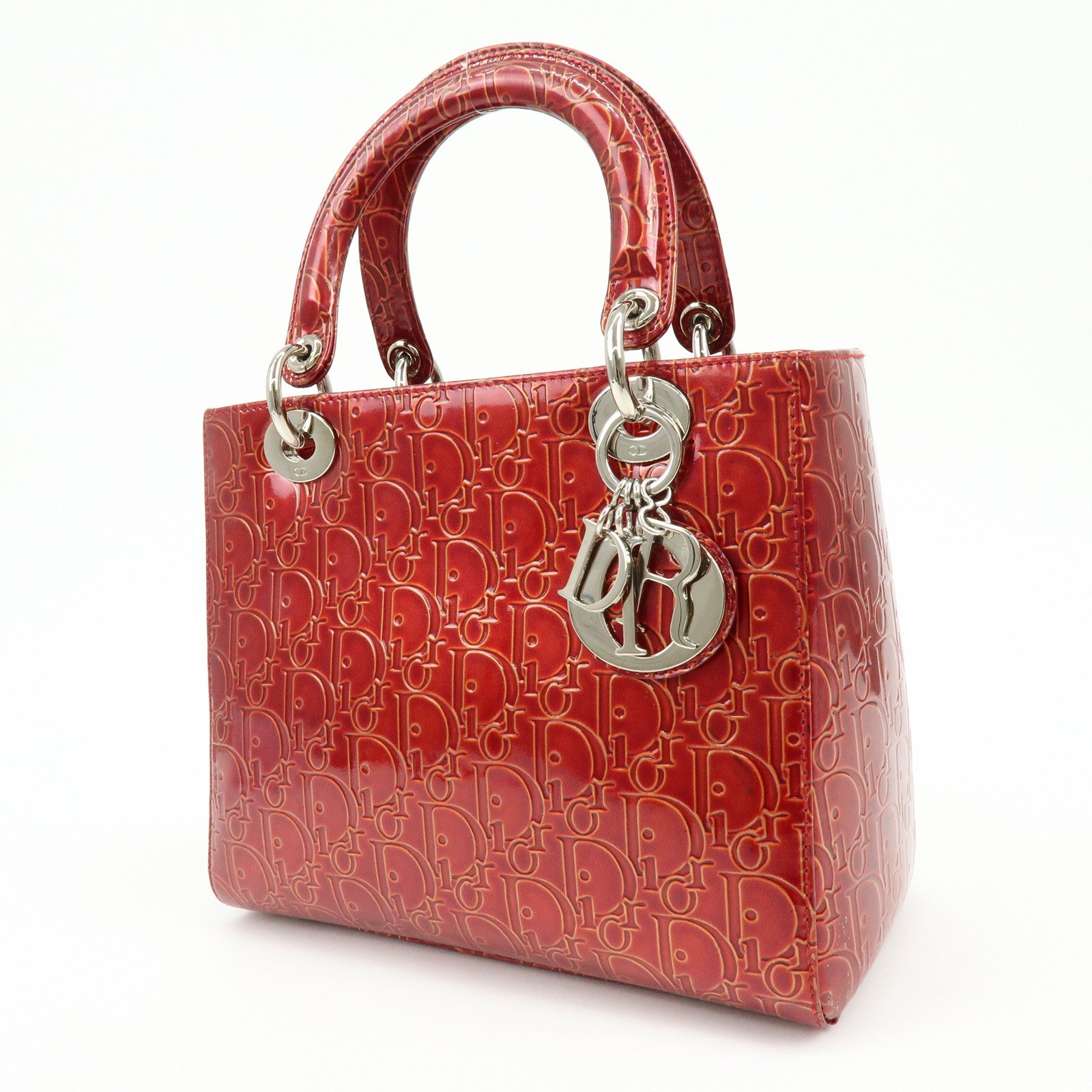 Christian Dior Lady Dior Patent Leather Hand Bag Dior Logo Red