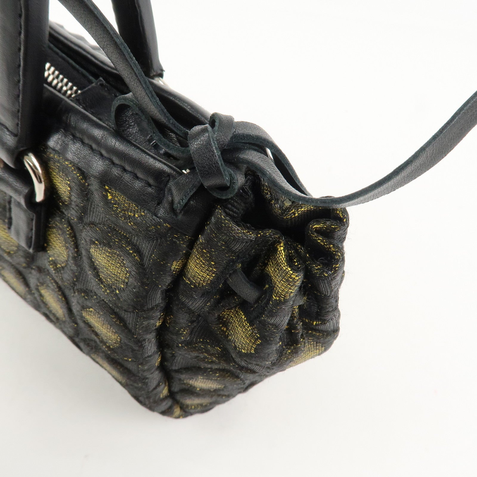 PRADA Triangle Logo Nylon Leather Ribbon Hand Bag Black Yellow