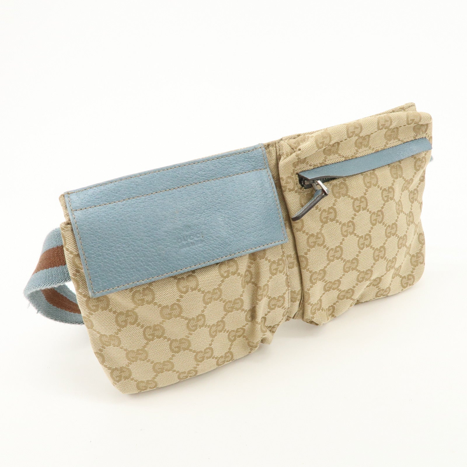 GUCCI GG Canvas Leather Waist Bag Crossbody Bag Light Blue 28566