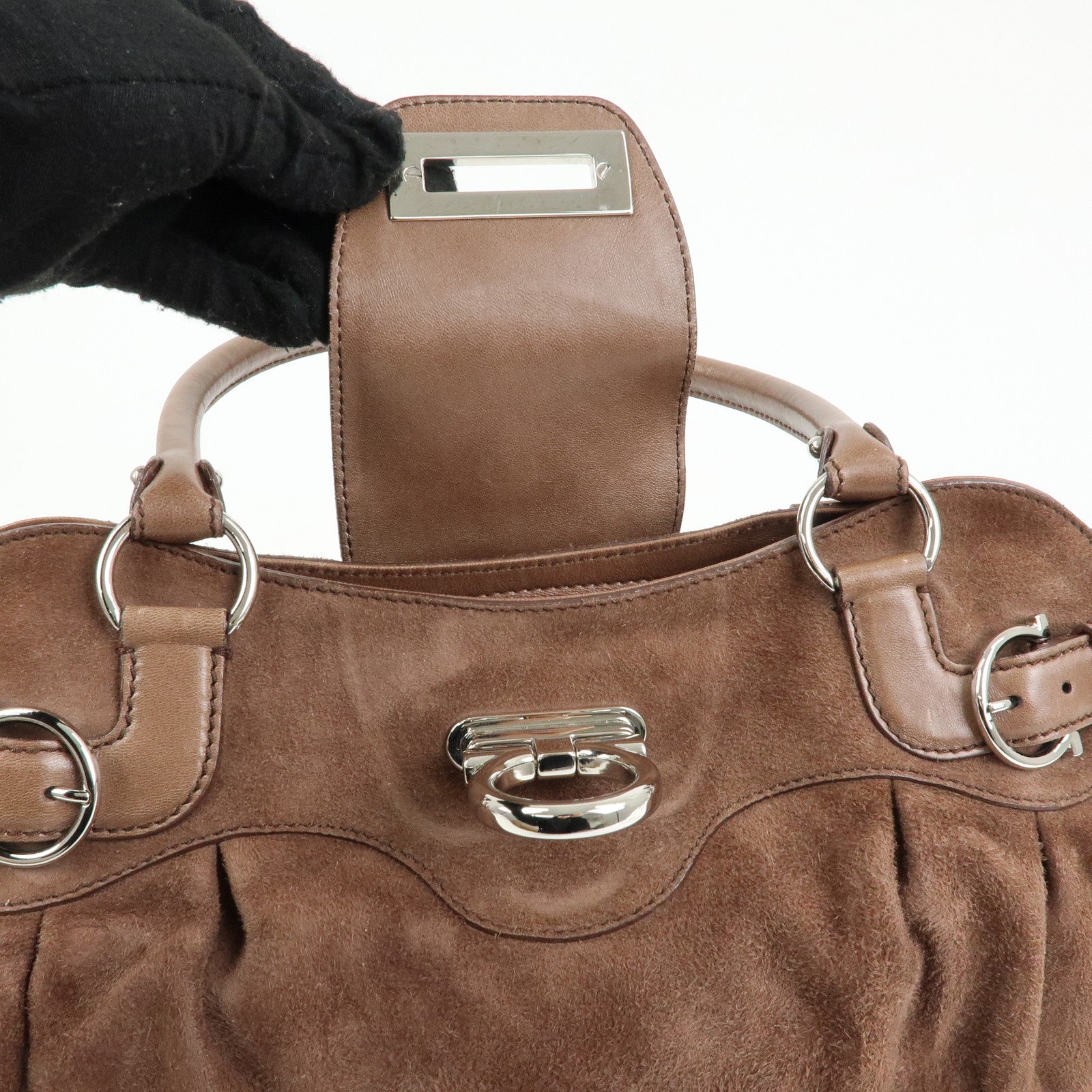 Ferragamo Gancini Suede Leather Shoulder Bag Hand Bag Brown