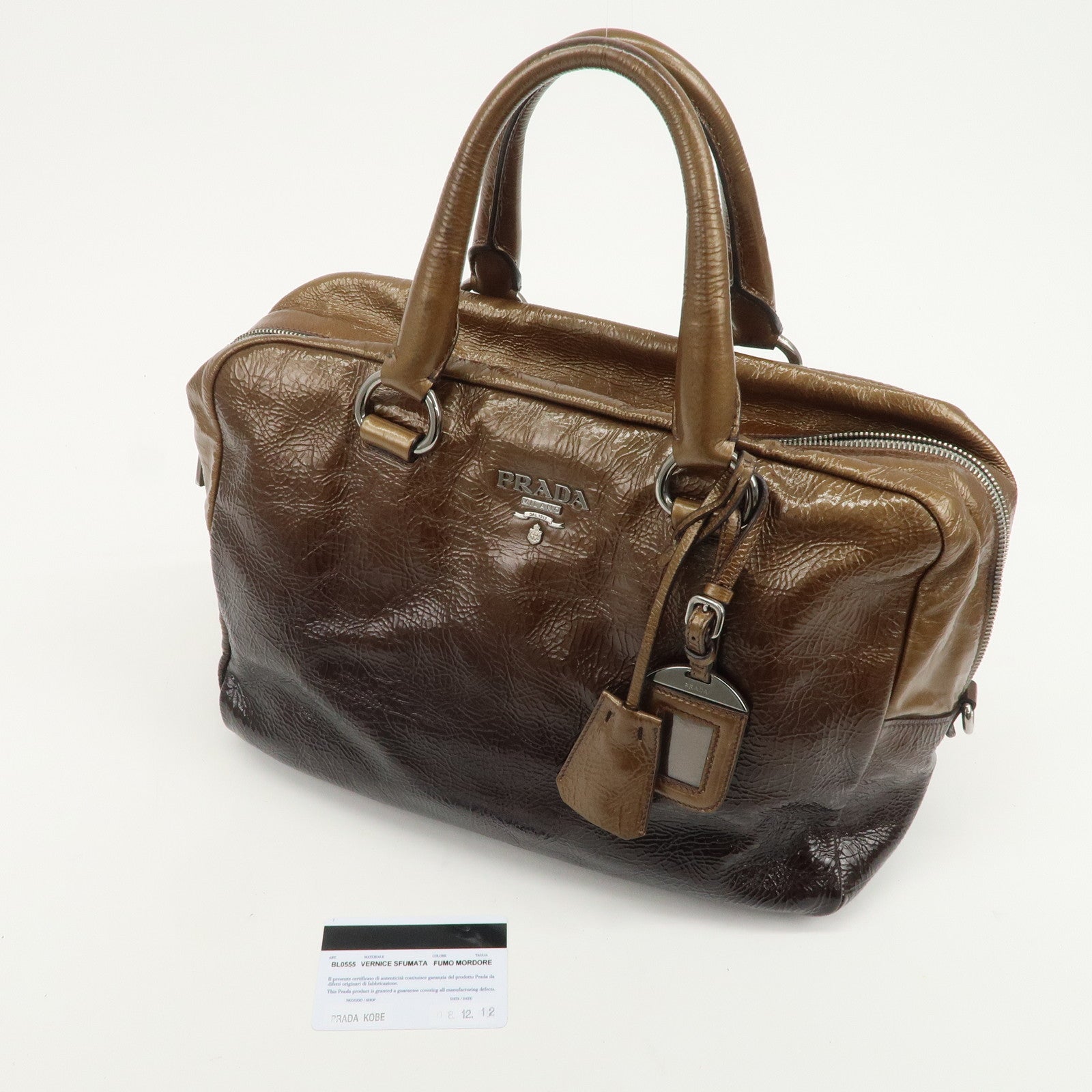 PRADA Logo Patent Leather Hand Bag Boston Bag Brown BL0555