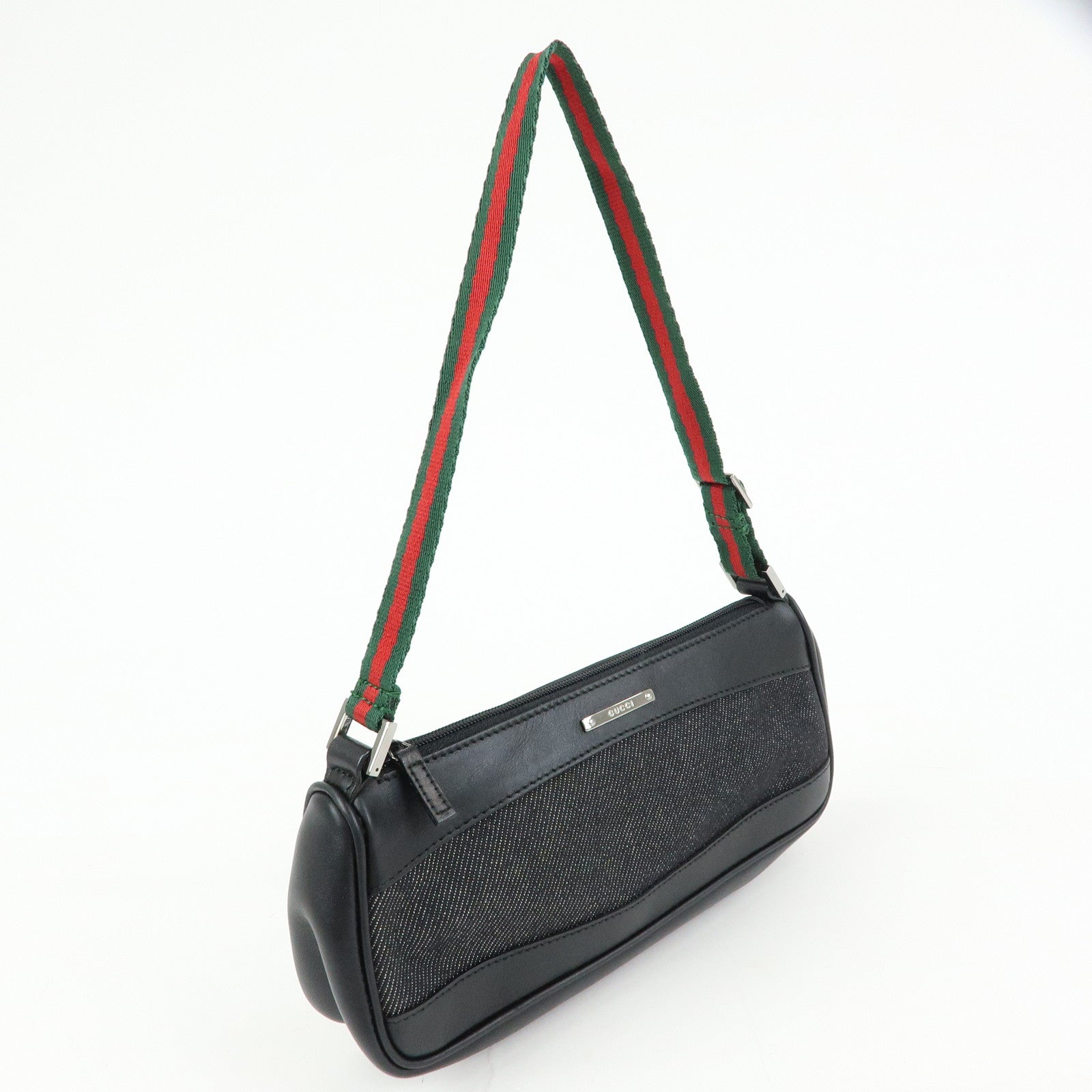 GUCCI Sherry Denim Leather Accessory Pouch Hand Bag Black 92820