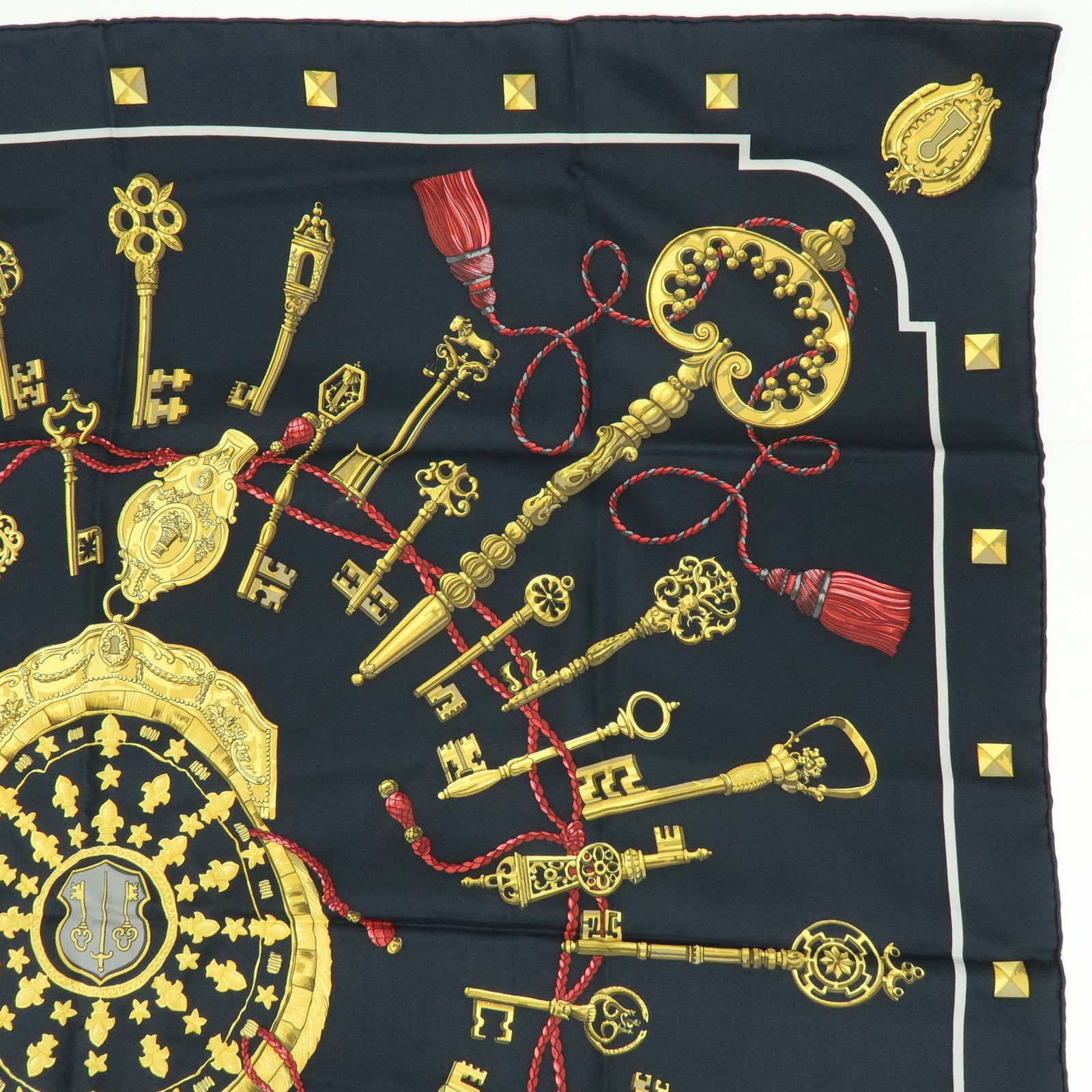 HERMES Carre 90 Silk 100% Scarf LES CLES THE KEYS RARE Black Gold